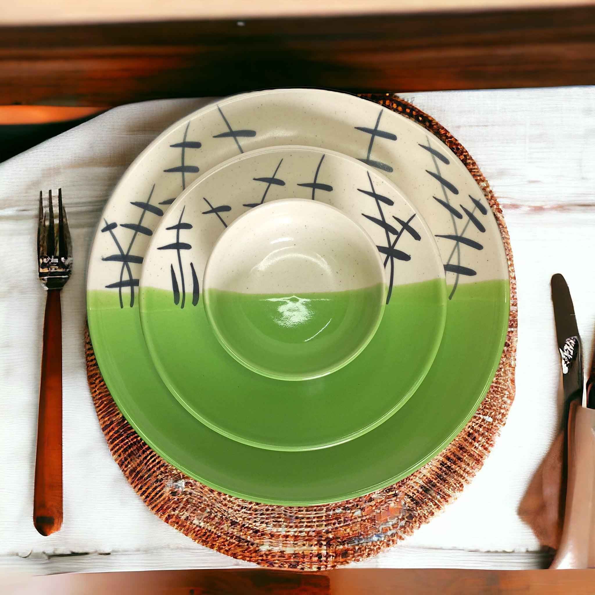 Green & White Dinnerware Set (12 Pcs) - Clayful Homes