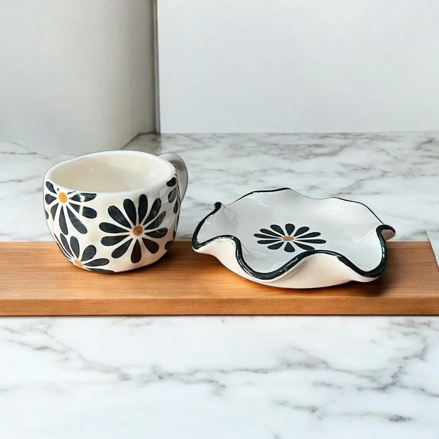 Black Flower Mug & Wavy Saucer - Clayful Homes