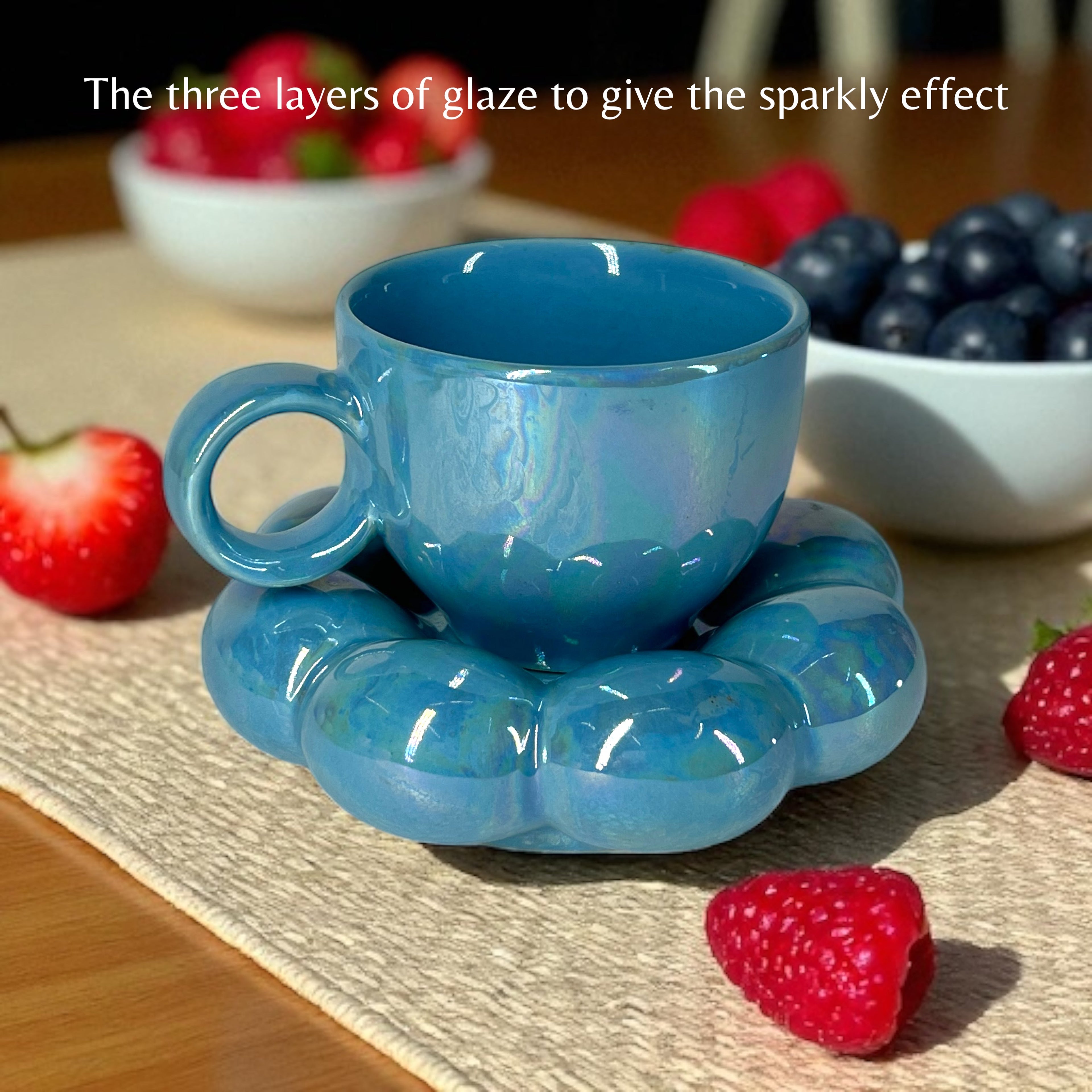 Bubbly Sunflower Coffee Mug & Saucer (Blue)