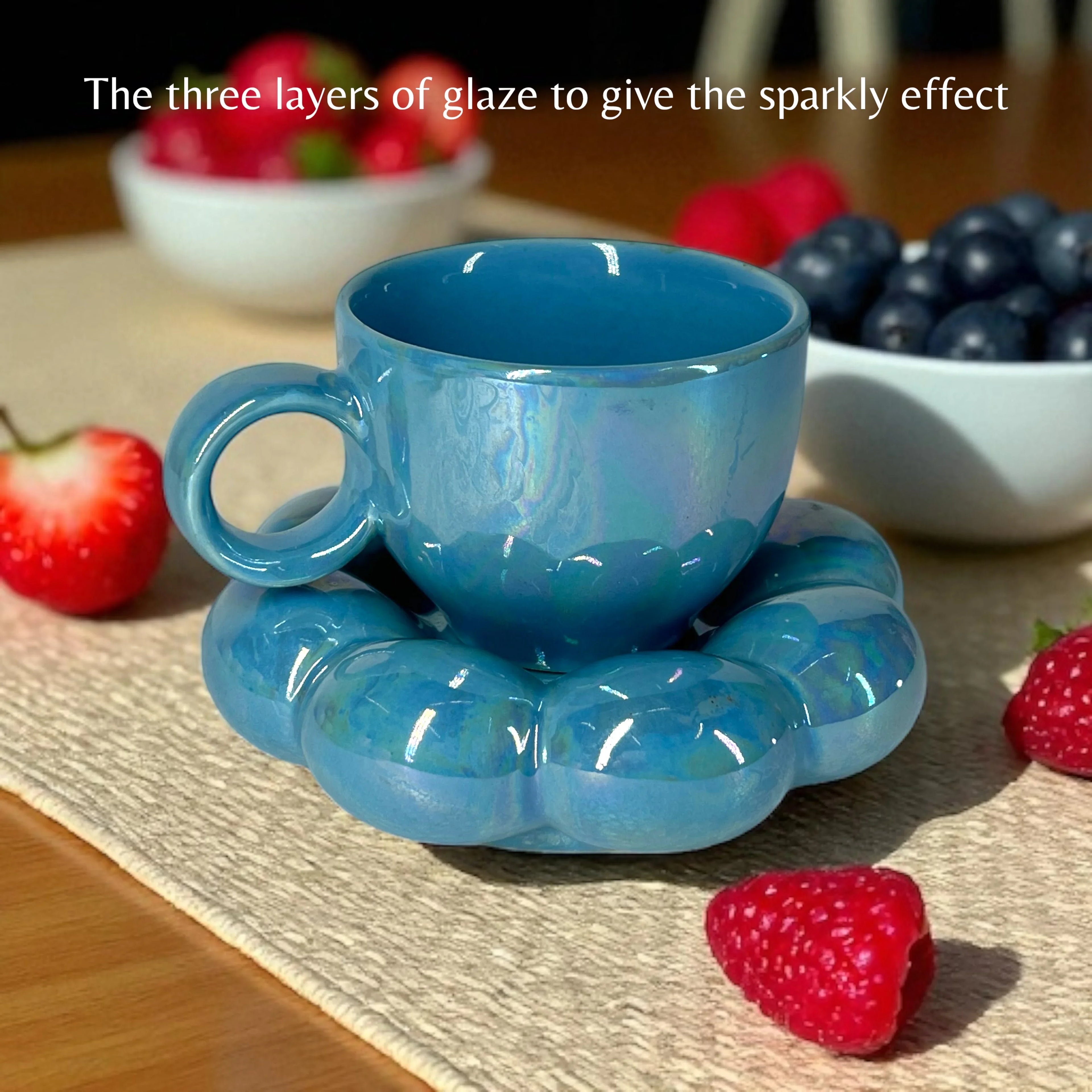 Bubbly Sunflower Coffee Mug & Saucer (Blue) - Clayful Homes