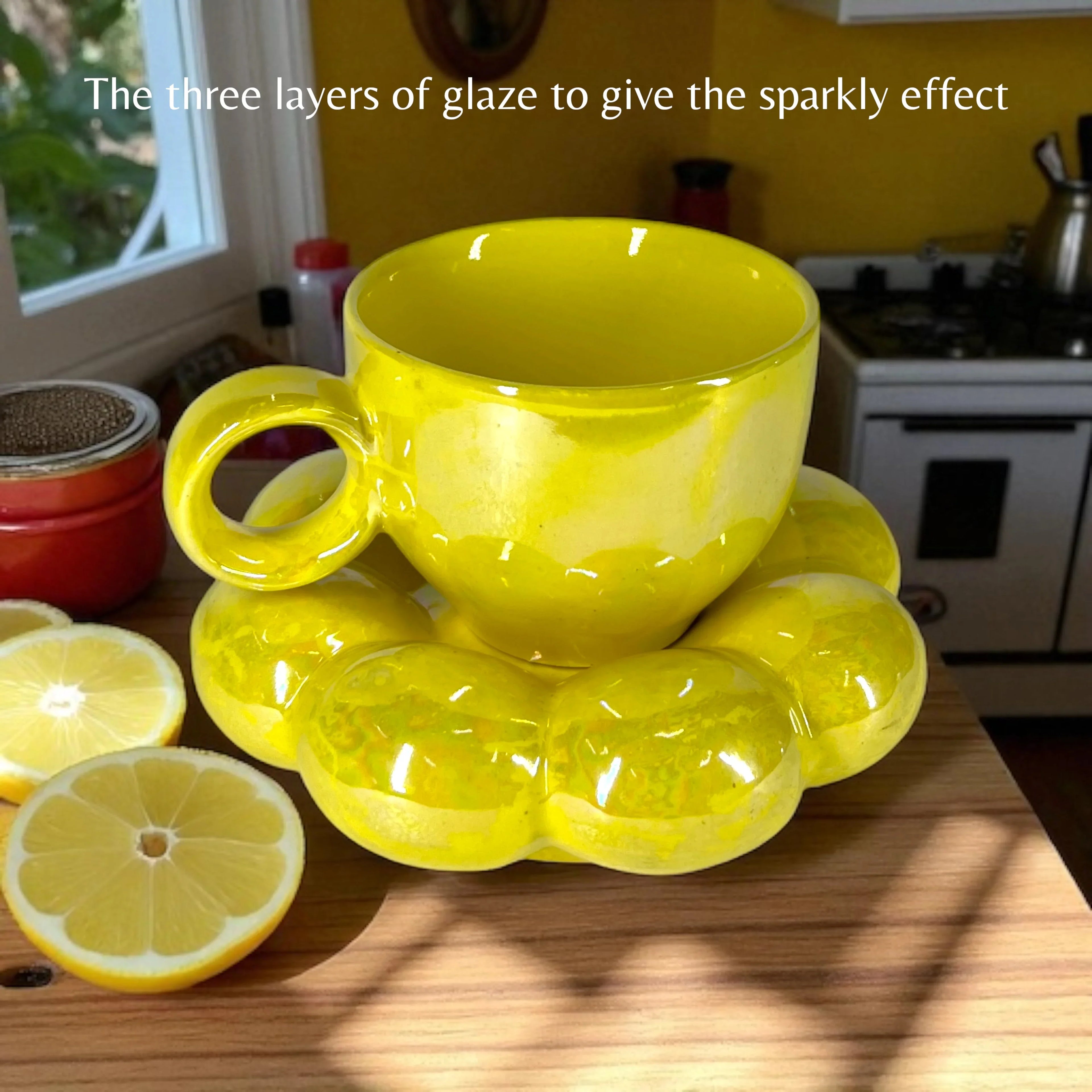 Bubbly Sunflower Coffee Mug & Saucer (Yellow) - Clayful Homes