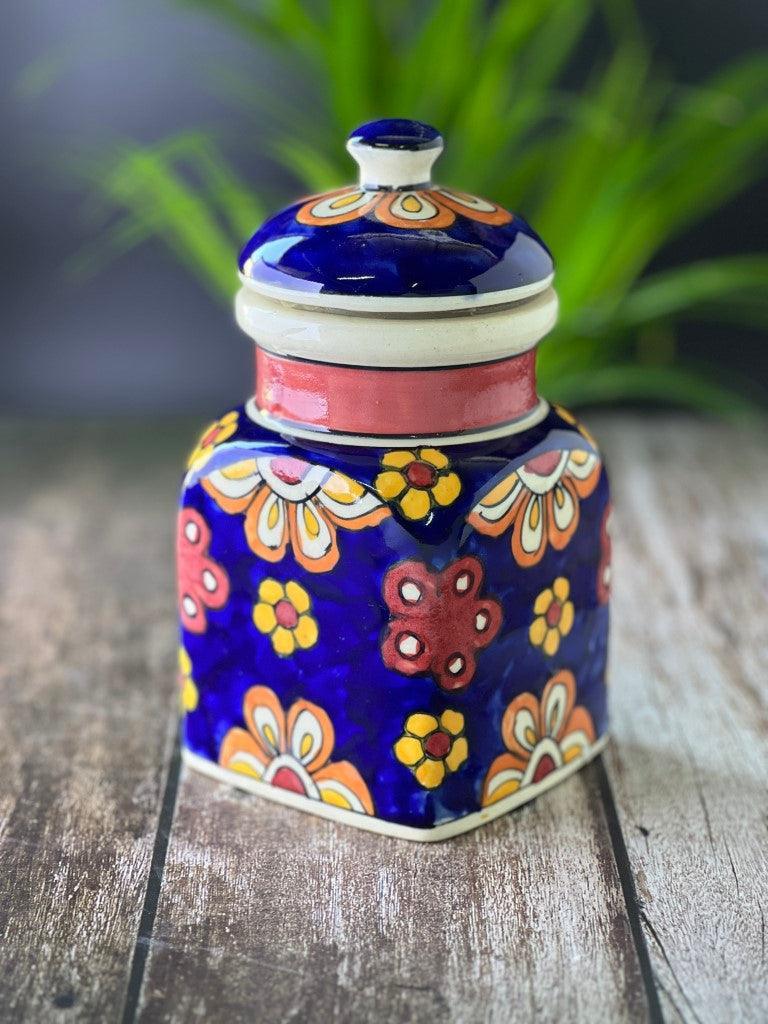 Ceramic Jars for Kitchen Storage Hand Painted Barni - Set of 1, Blue - Clayful Homes