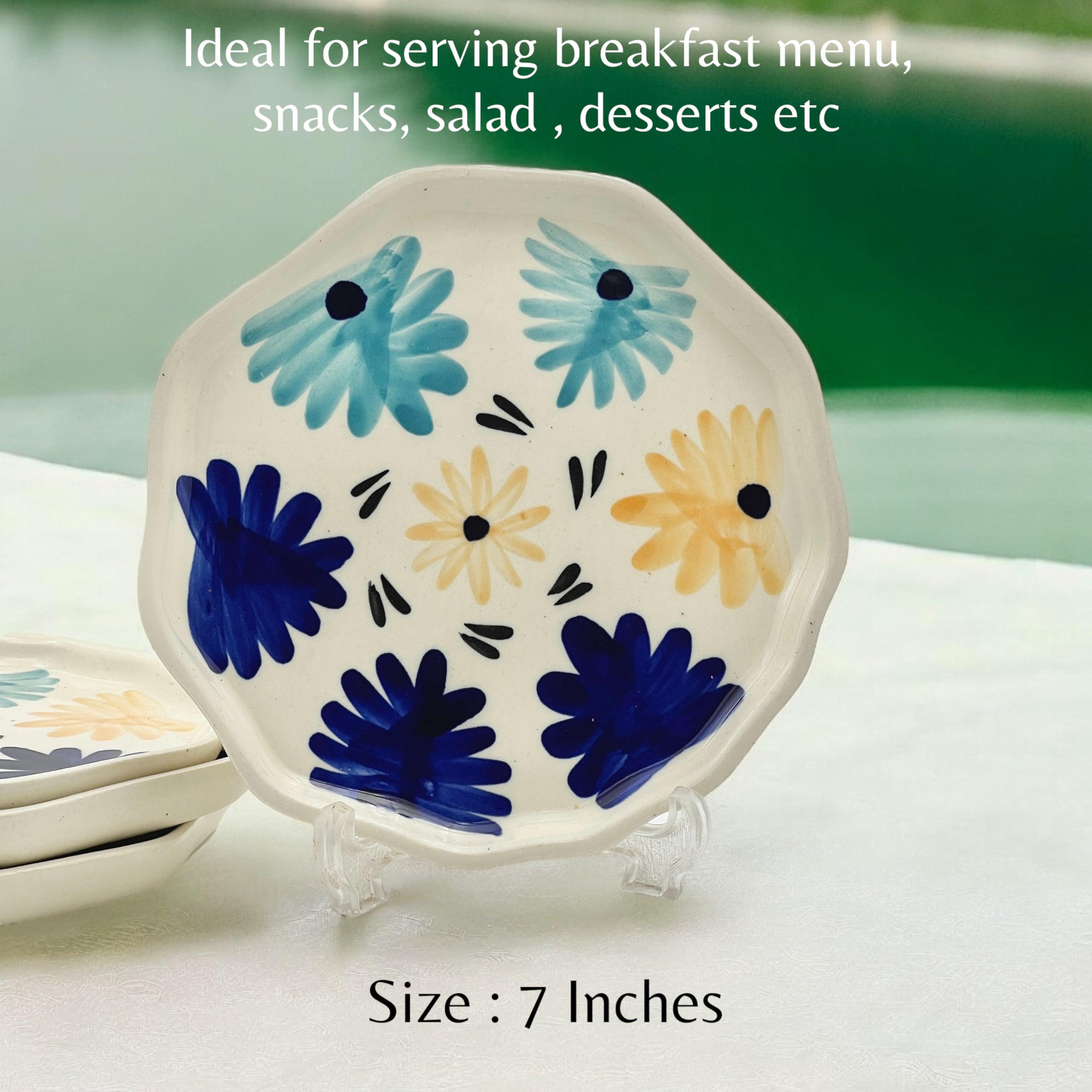 Four Blue & Yellow Flowers Snack/Dessert Plates - Clayful Homes