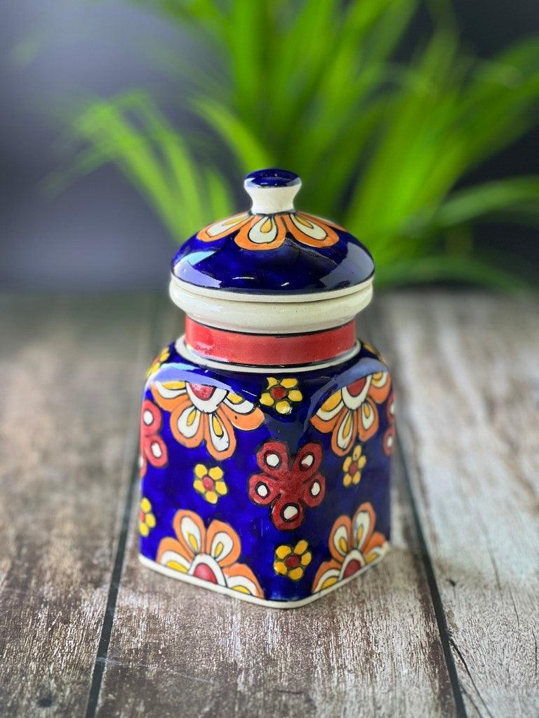 Ceramic Jars for Kitchen Storage Hand Painted Barni - Set of 1, Blue - Clayful Homes