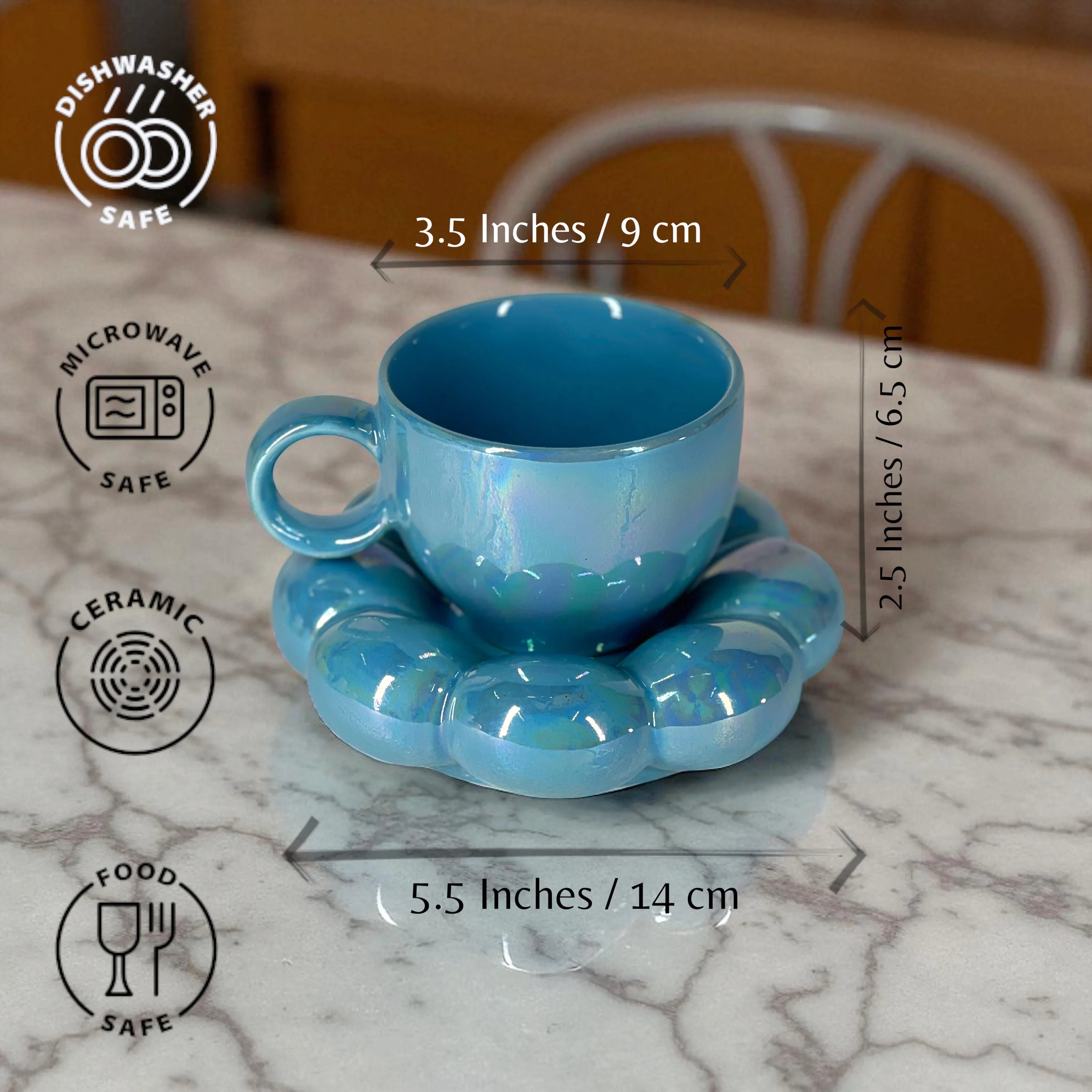 Bubbly Sunflower Coffee Mug & Saucer (Blue) - Clayful Homes