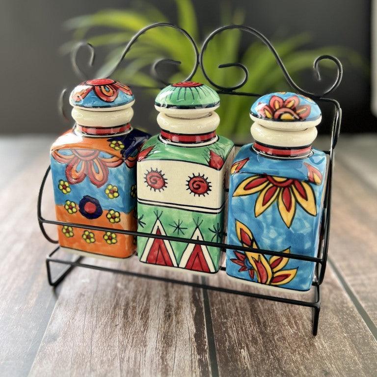 Hand Painted Air Tight Ceramic Jars With Stand - Clayful Homes