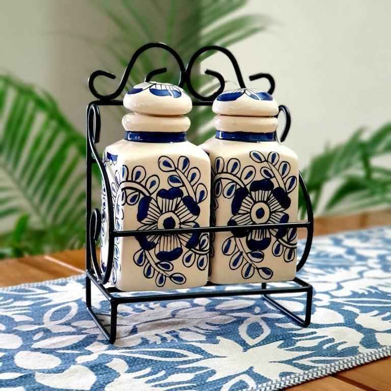 Hand Painted Ceramic Spice Multipurpose Jars & Container with Lid (2 Jars with Stand) - Clayful Homes