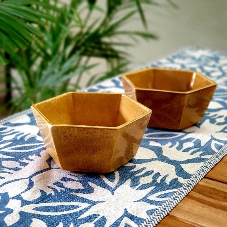 Ceramic Dinner Bowls Set of 2 (Golden, Large, 400ML) - Clayful Homes