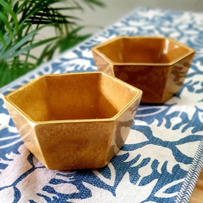 Ceramic Dinner Bowls Set of 2 (Golden, Large, 400ML) - Clayful Homes