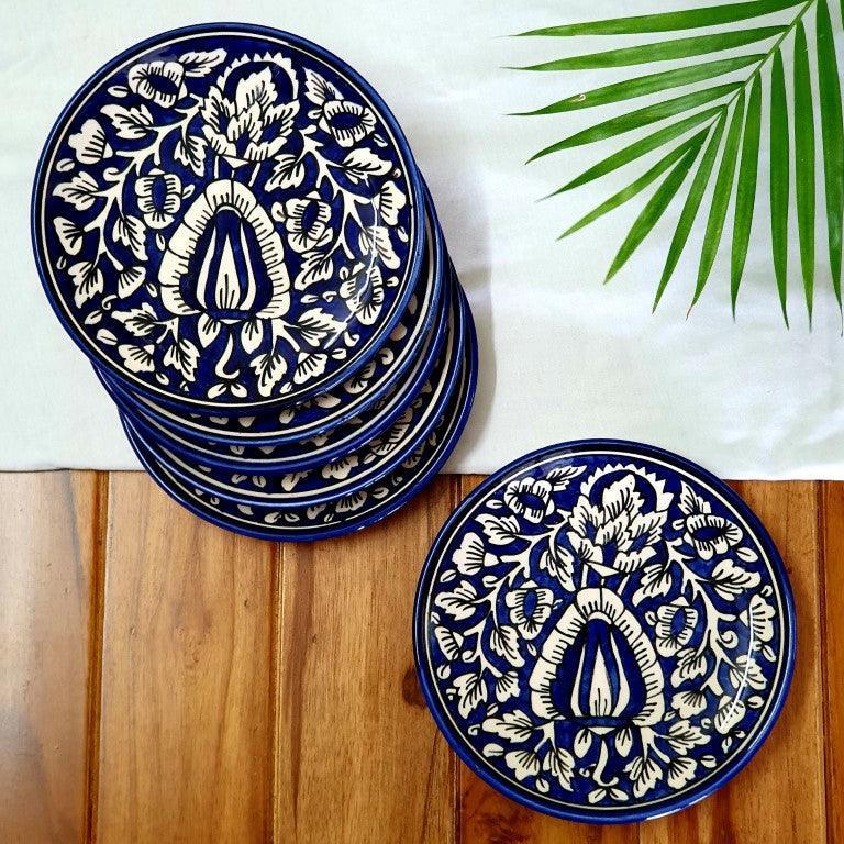 Hand Painted Side / Quarter Plates (7 Inch, Set of 6, Mughal Blue, Microwave Safe) - Clayful Homes