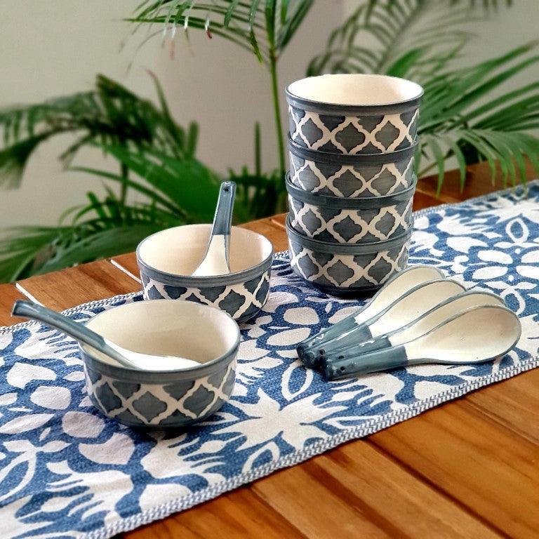 Hand painted Ceramic Soup Bowls with Spoons (300ML, Set of 6, Grey) - Clayful Homes