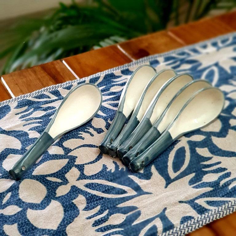 Hand painted Ceramic Soup Bowls with Spoons (300ML, Set of 6, Grey) - Clayful Homes