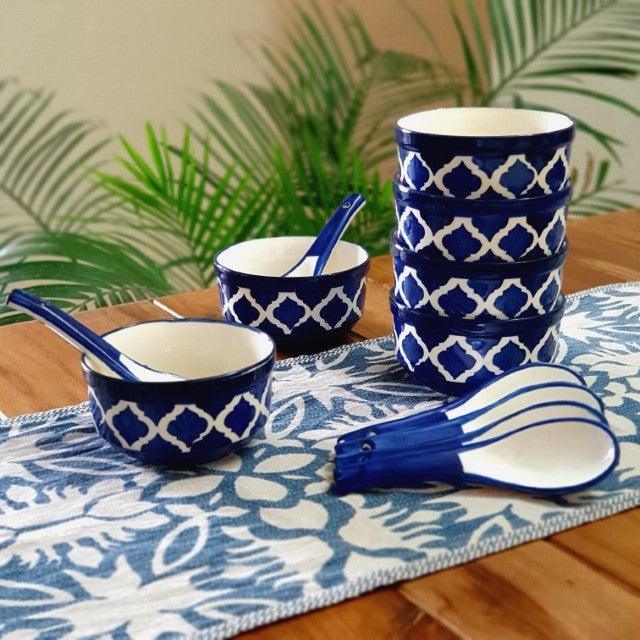 Hand painted Ceramic Soup Bowls with Spoons (300ML, Set of 6, Blue) - Clayful Homes