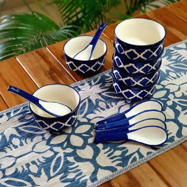 Hand painted Ceramic Soup Bowls with Spoons (300ML, Set of 6, Blue) - Clayful Homes