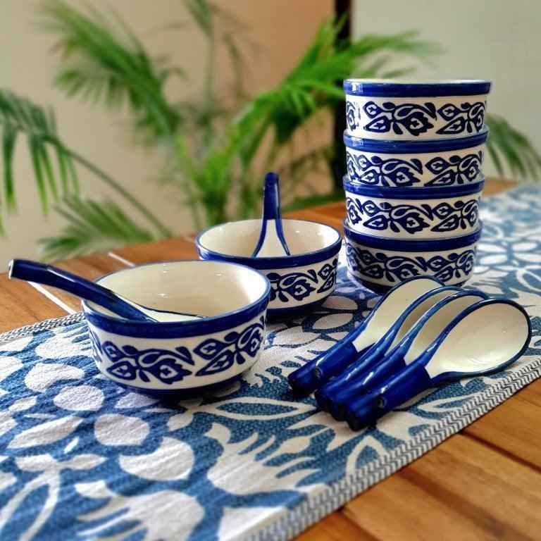 Flower Art Soup Bowl Set with Spoons - Clayful Homes