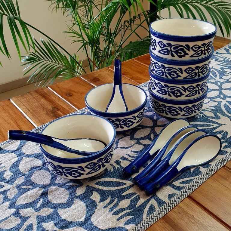 Flower Art Soup Bowl Set with Spoons - Clayful Homes