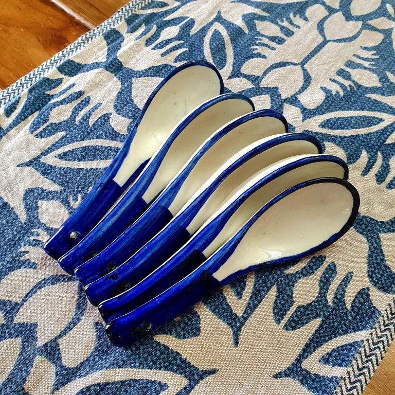 Hand painted Ceramic Soup Bowls with Spoons (300ML, Set of 6, Blue) - Clayful Homes