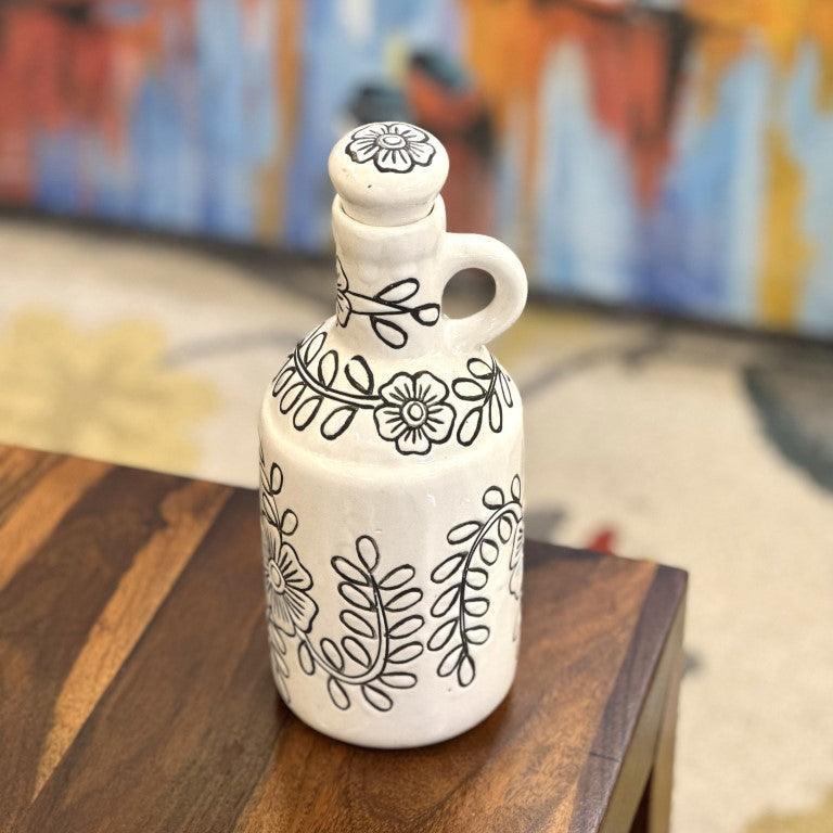 White Kalamkari Oil Bottle - Clayful Homes