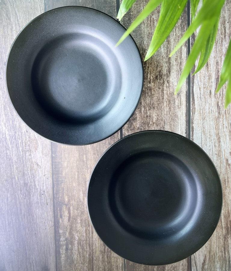 Hand Painted Ceramic Deep Starter Plates (Set of 2, Black, 21.5 cm Diameter) - Clayful Homes
