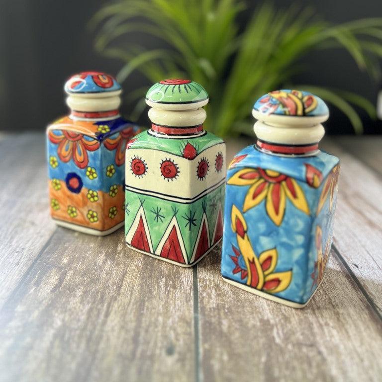 Hand Painted Air Tight Ceramic Jars With Stand - Clayful Homes