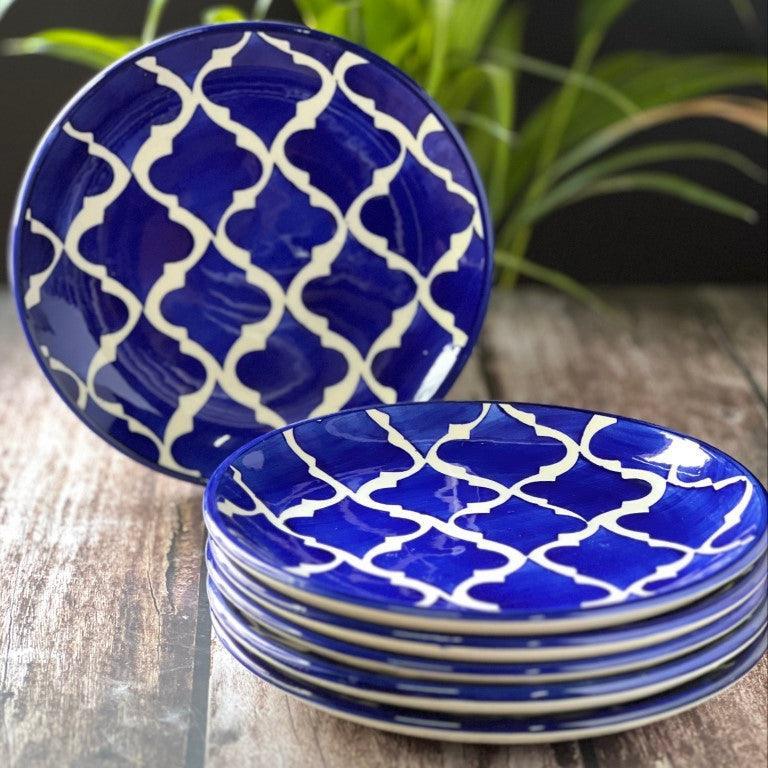 Hand Painted Side / Quarter Plates (7 Inch, Set of 6, Blue ,Microwave Safe) - Clayful Homes