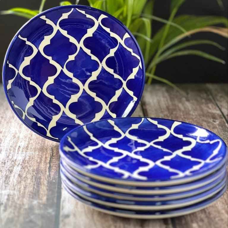 Hand Painted Side / Quarter Plates (7 Inch, Set of 6, Blue ,Microwave Safe) - Clayful Homes