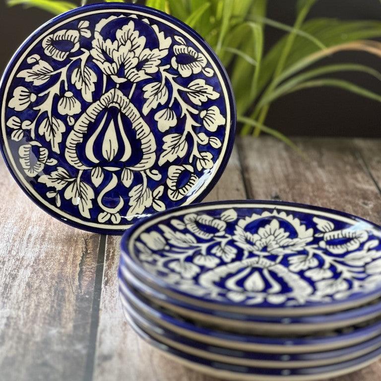 Hand Painted Side / Quarter Plates (7 Inch, Set of 6, Mughal Blue, Microwave Safe) - Clayful Homes