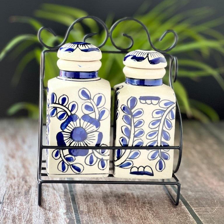 Hand Painted Ceramic Spice Multipurpose Jars & Container with Lid (2 Jars with Stand) - Clayful Homes