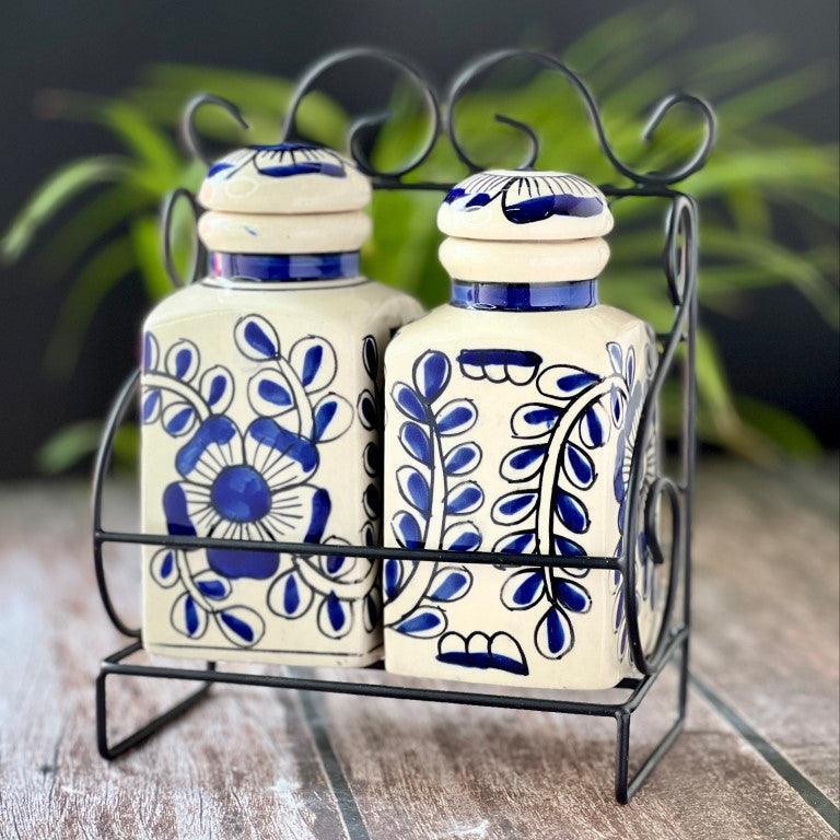 Hand Painted Ceramic Spice Multipurpose Jars & Container with Lid (2 Jars with Stand) - Clayful Homes