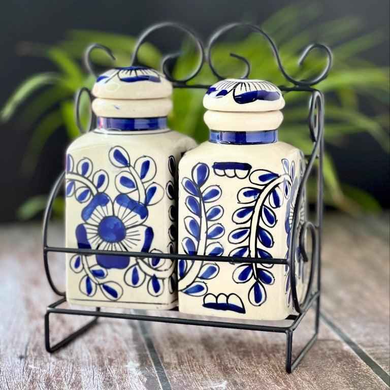 Hand Painted Ceramic Spice Multipurpose Jars & Container with Lid (2 Jars with Stand) - Clayful Homes