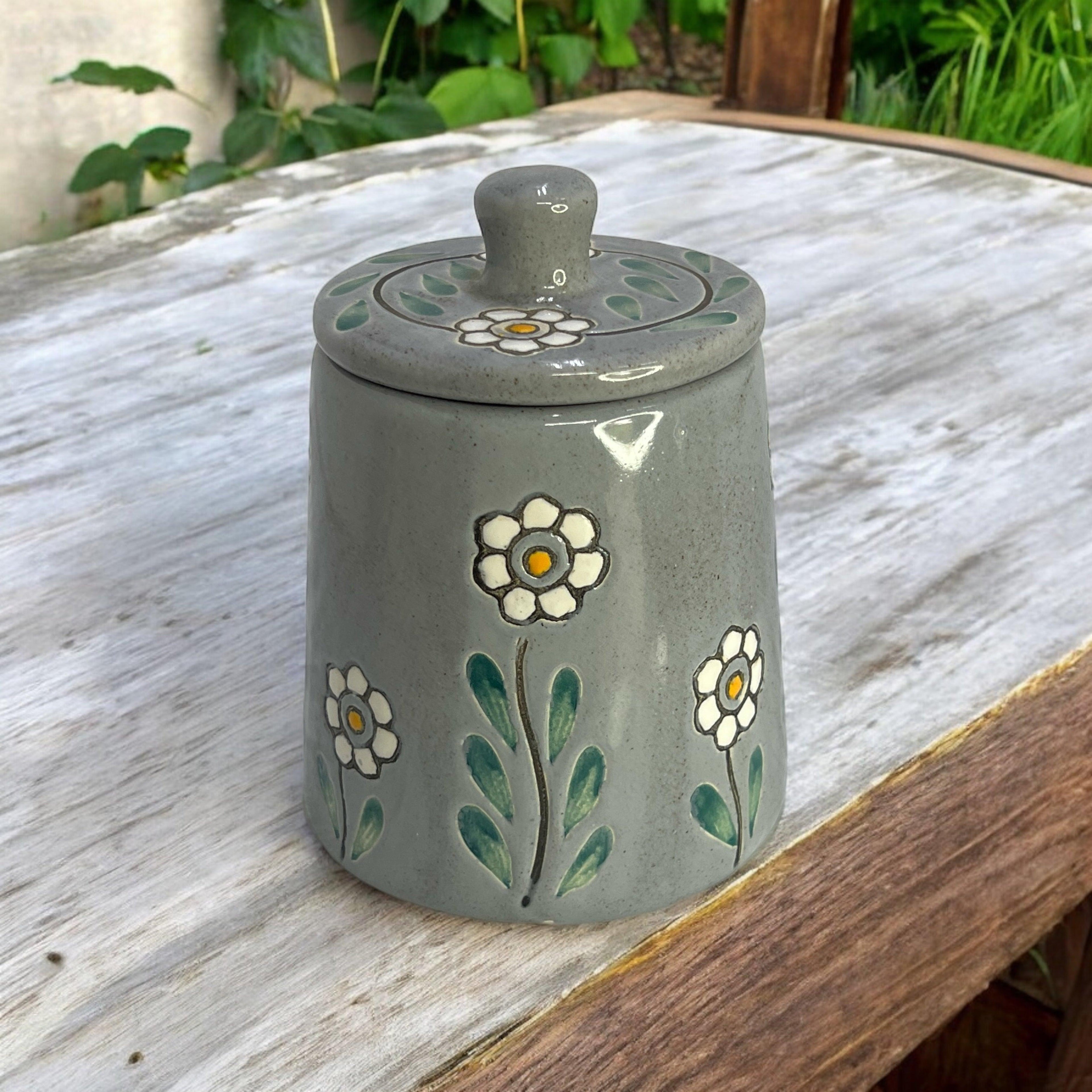 Floral Grey Jar - Clayful Homes