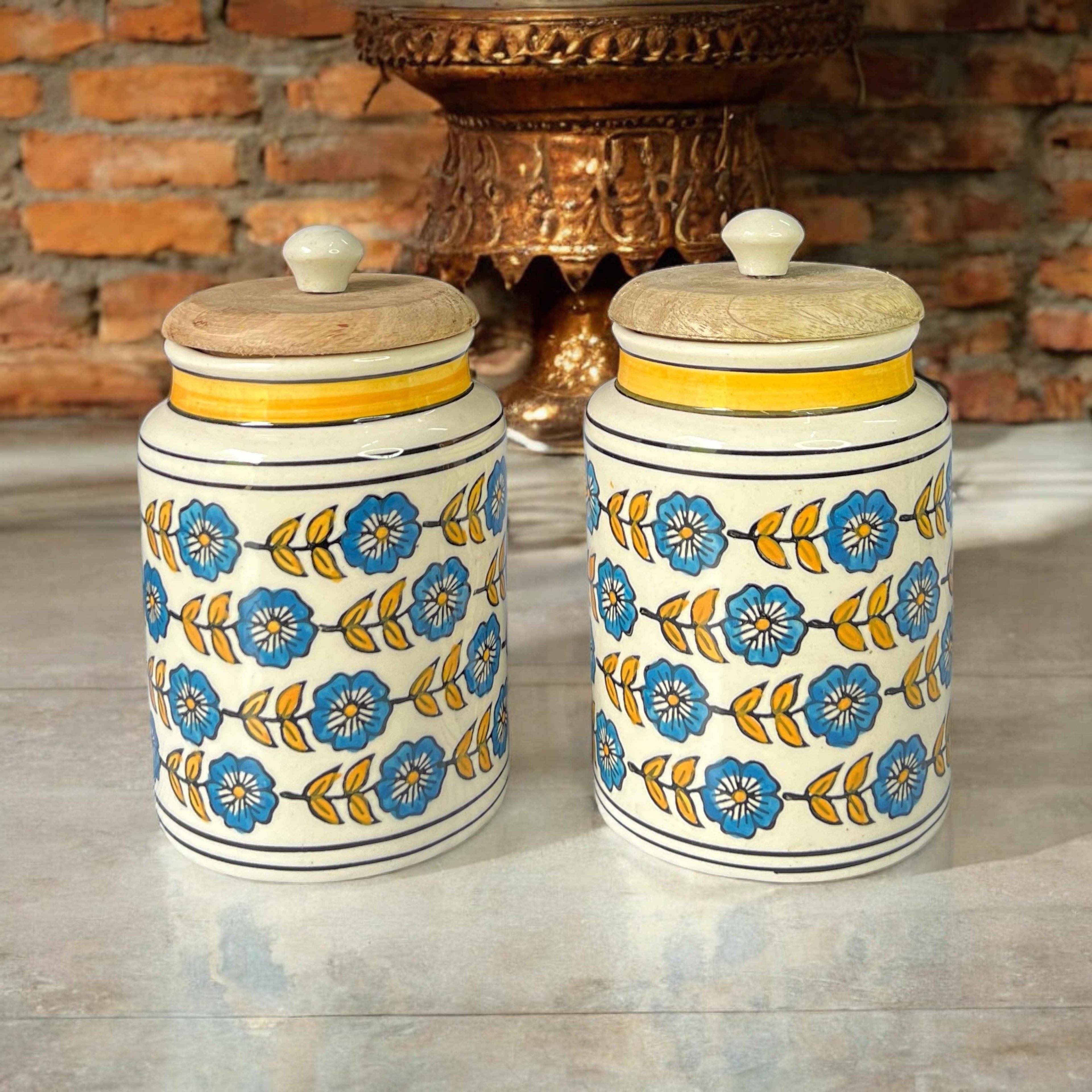 Blue Flower & Yellow Leaf Jars - Clayful Homes