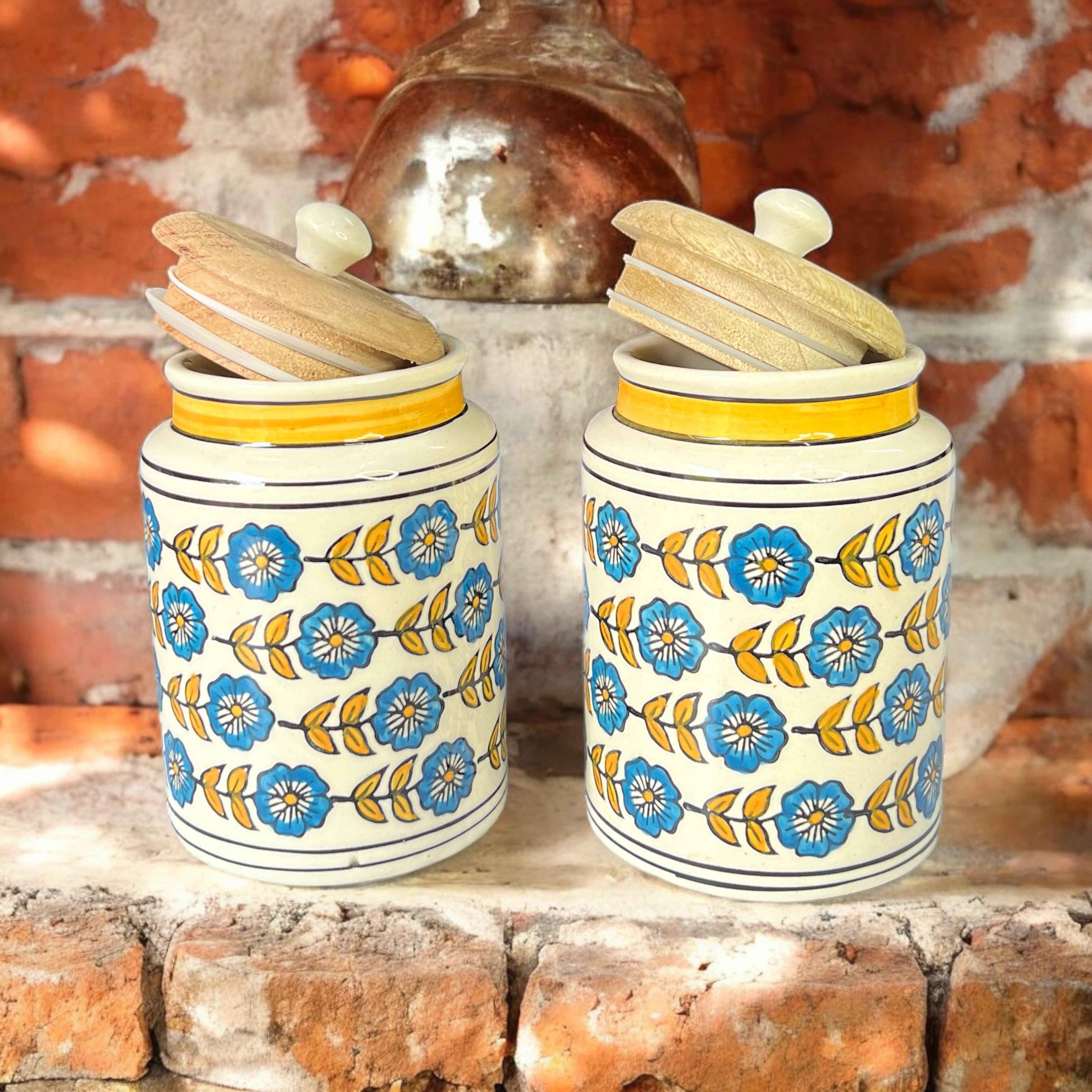 Blue Flower & Yellow Leaf Jars - Clayful Homes