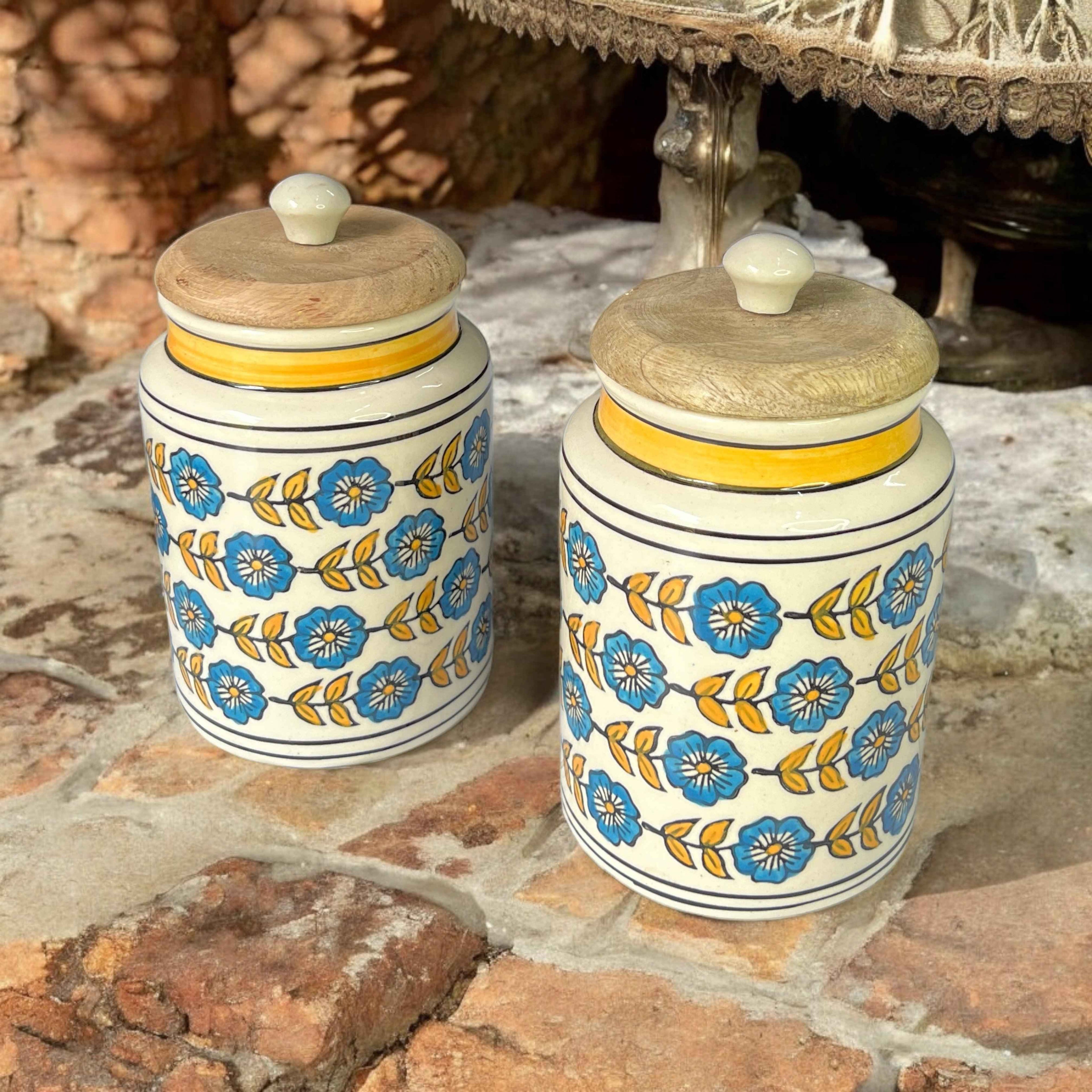 Blue Flower & Yellow Leaf Jars - Clayful Homes
