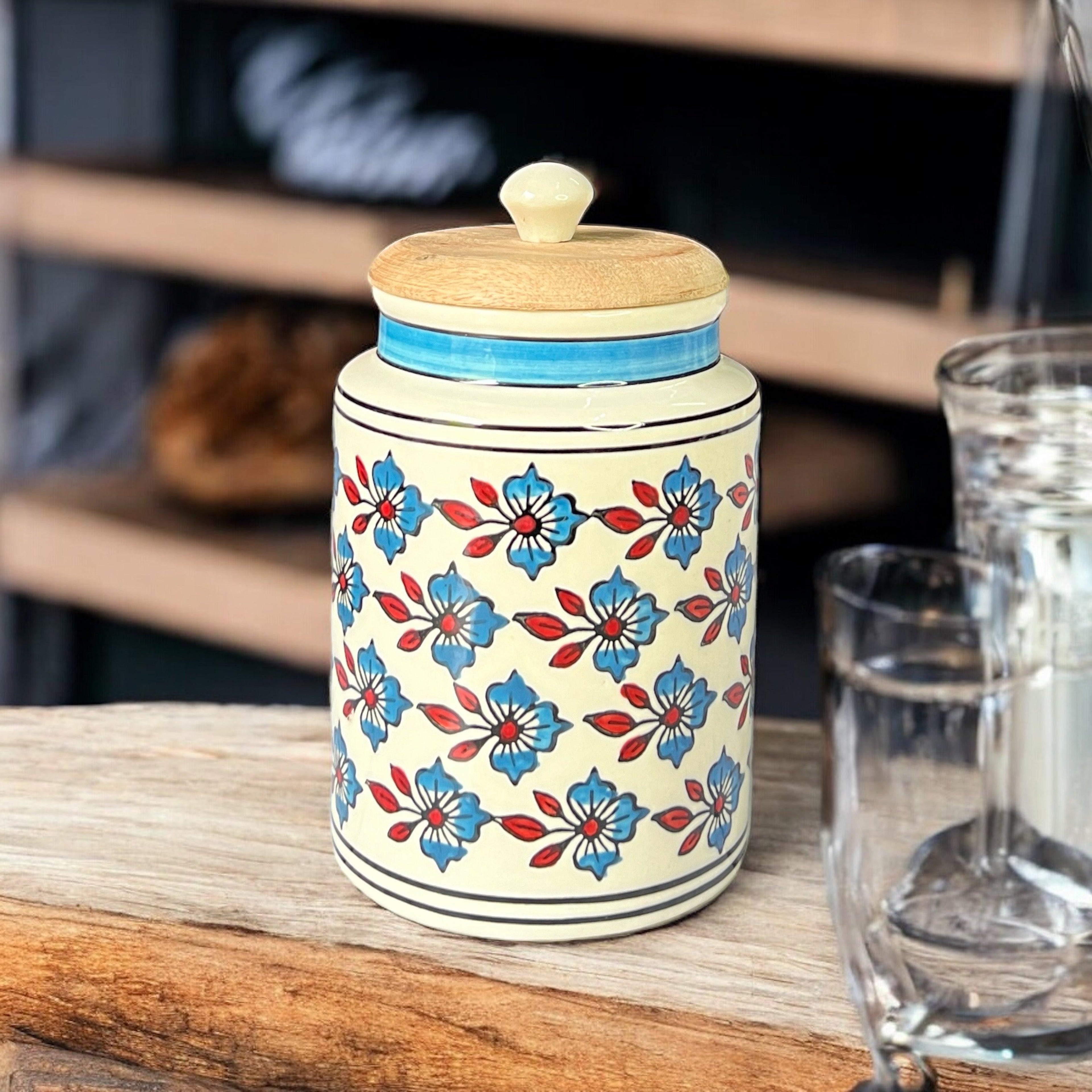 Blue Flower & Red Leaf Jar - Clayful Homes