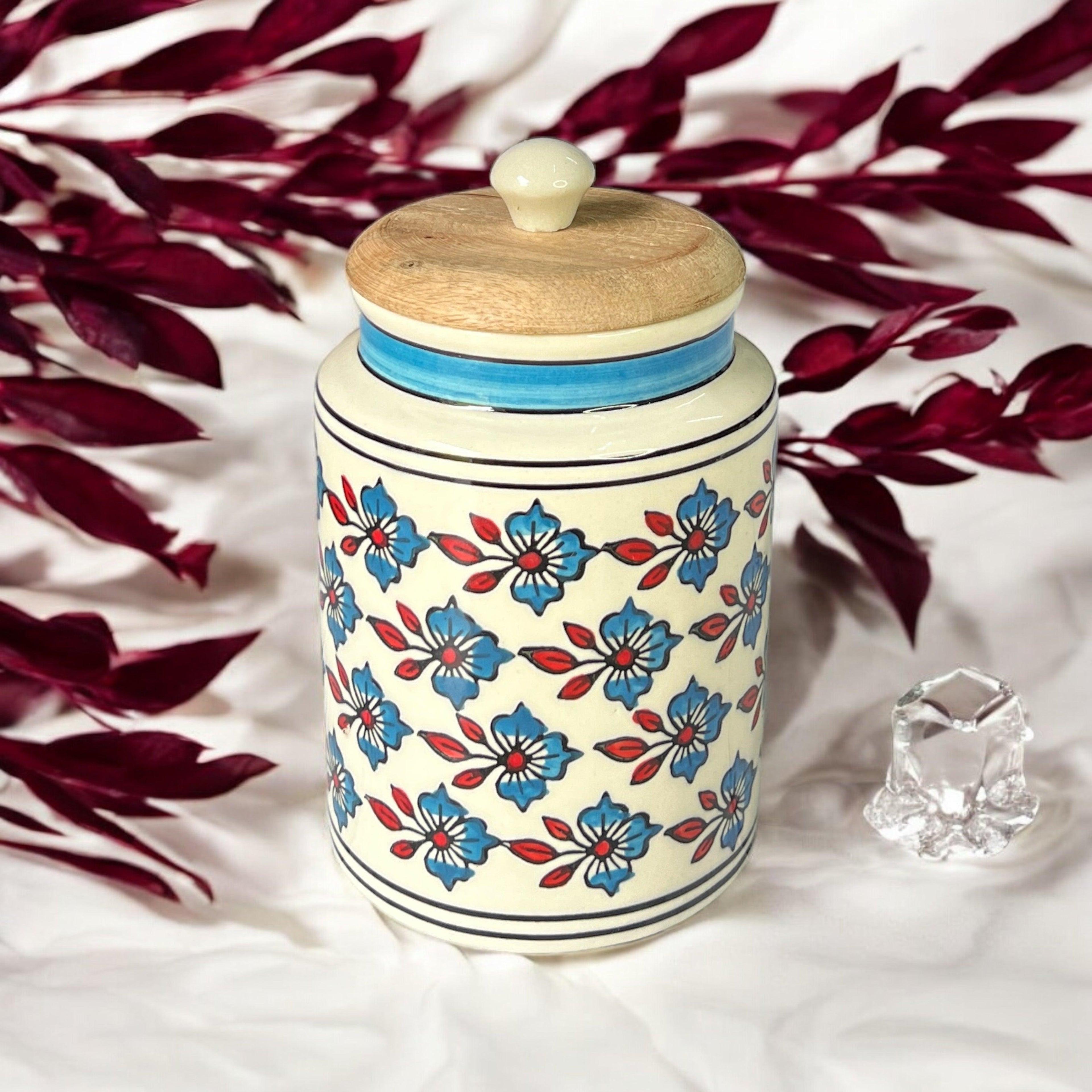 Blue Flower & Red Leaf Jar - Clayful Homes