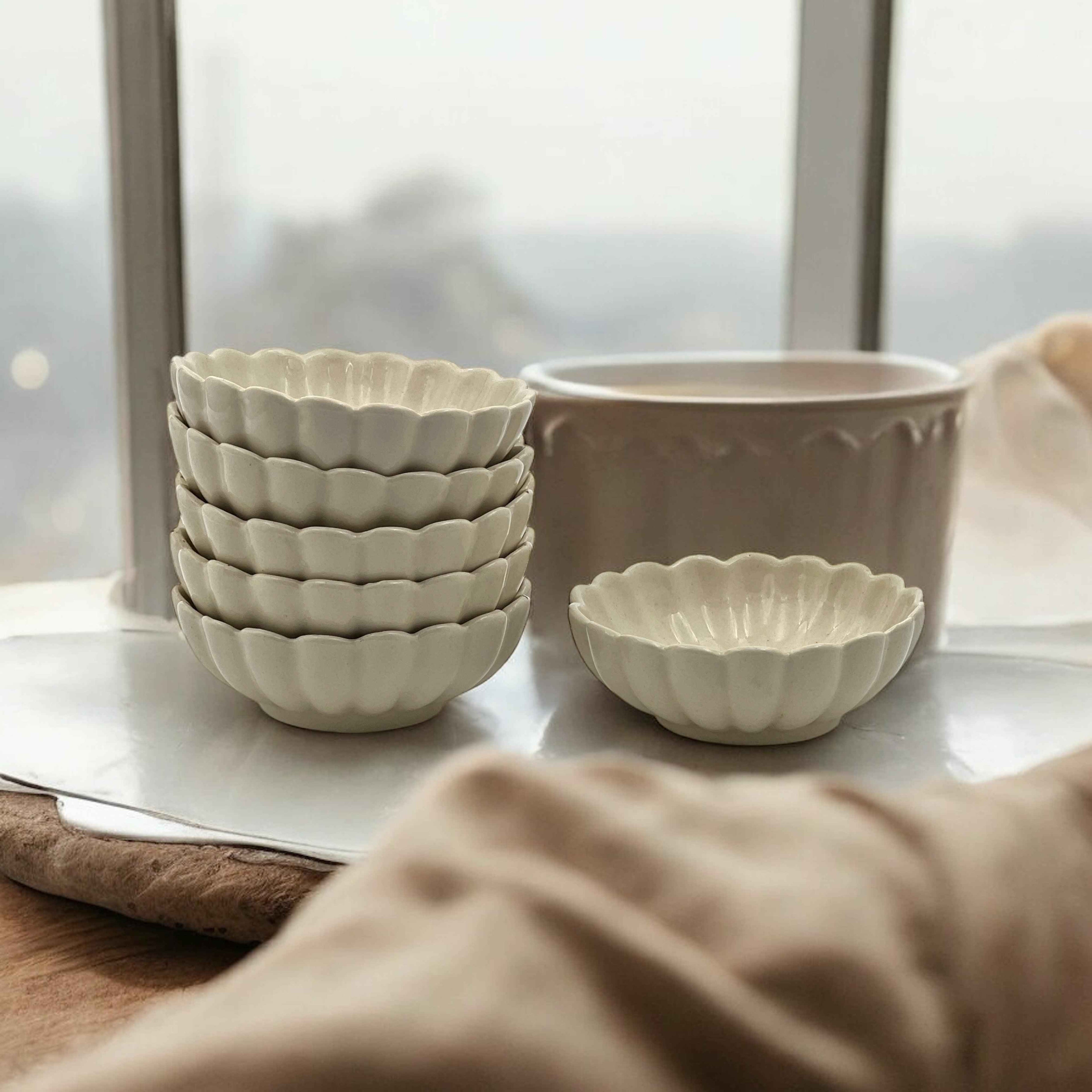 Six White Lotus Ceramic Sweet Bowls (Set of 6)