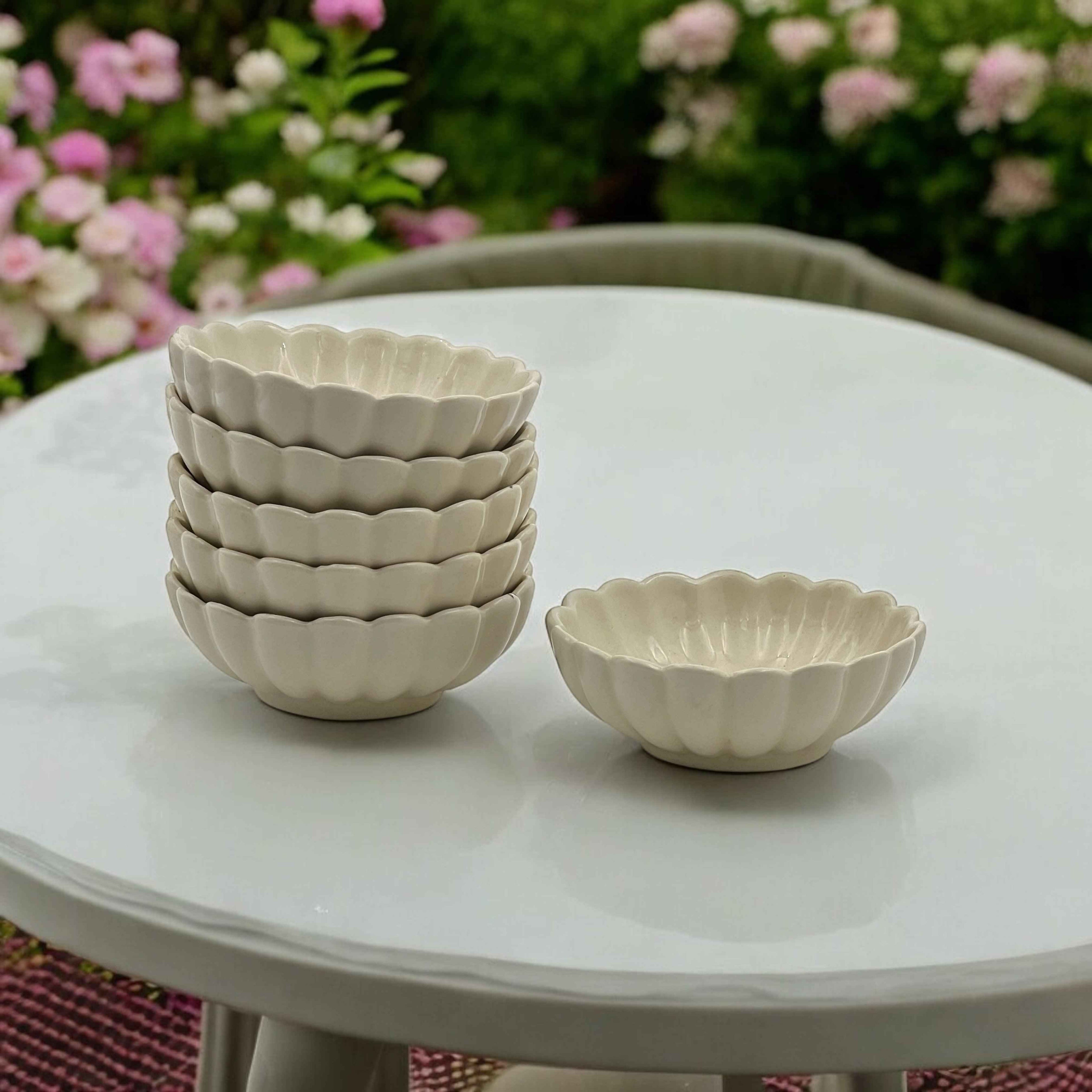 Six White Lotus Ceramic Sweet Bowls (Set of 6)