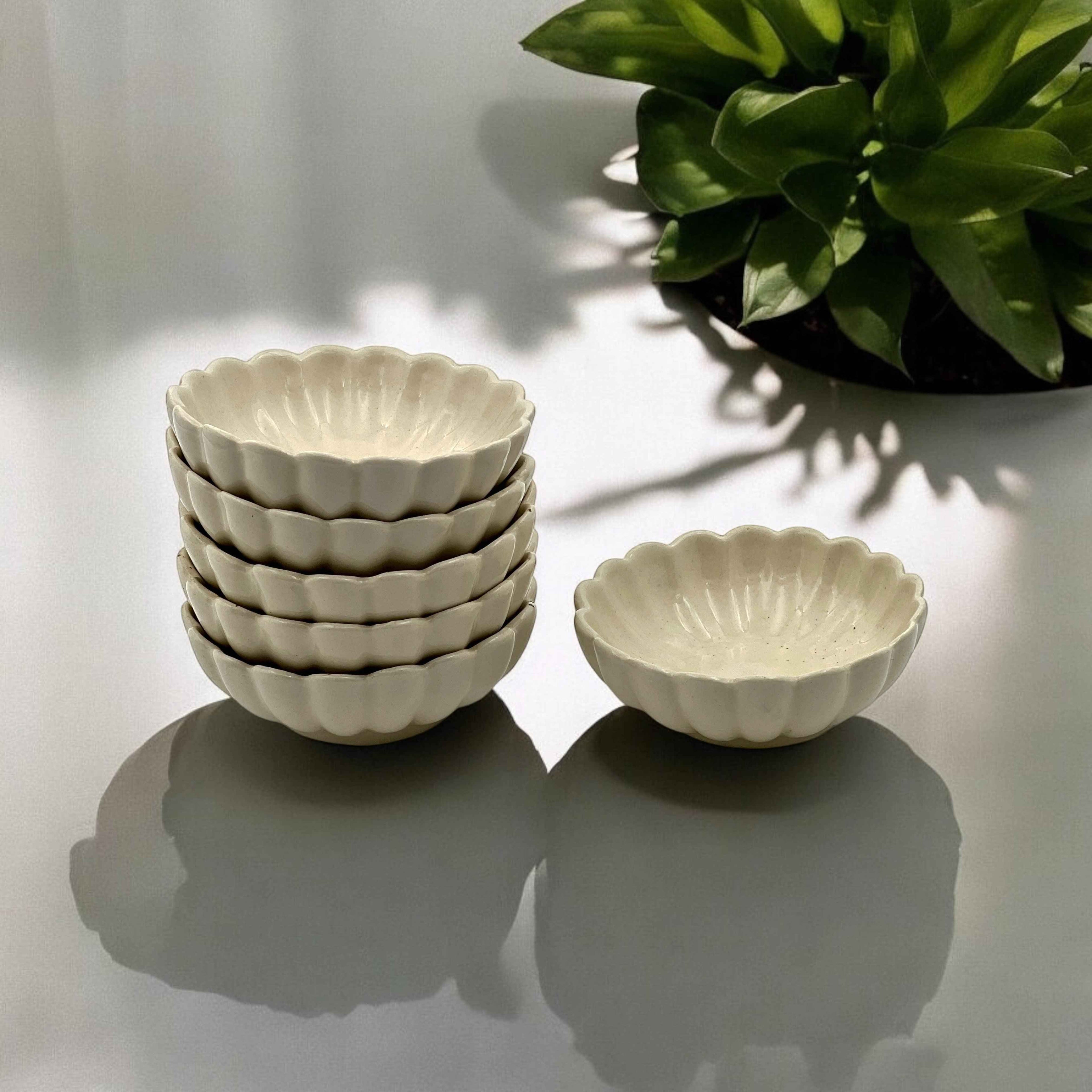 Six White Lotus Ceramic Sweet Bowls (Set of 6)