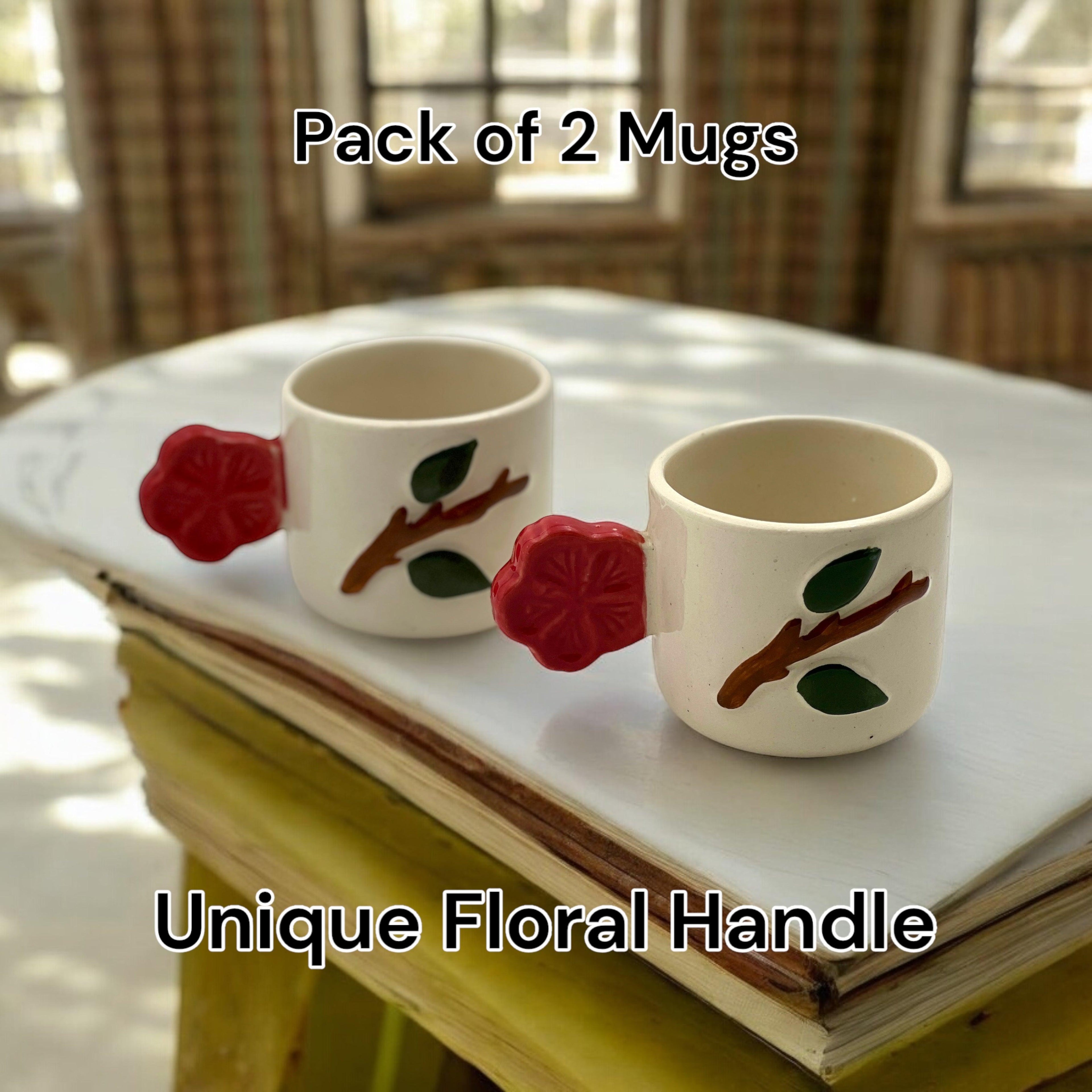 Red Flower Handle Mugs - Clayful Homes