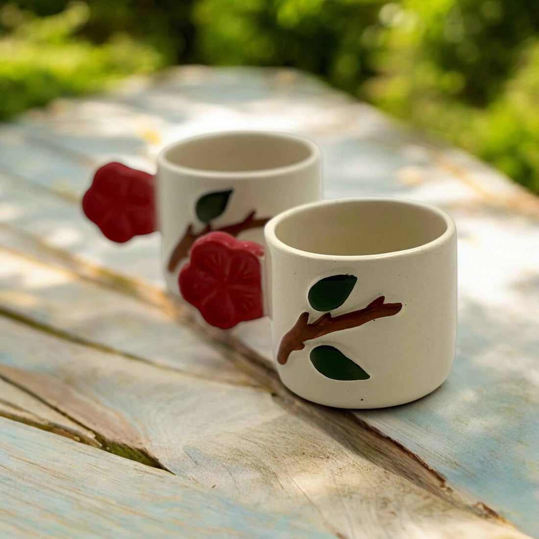Red Flower Handle Mugs