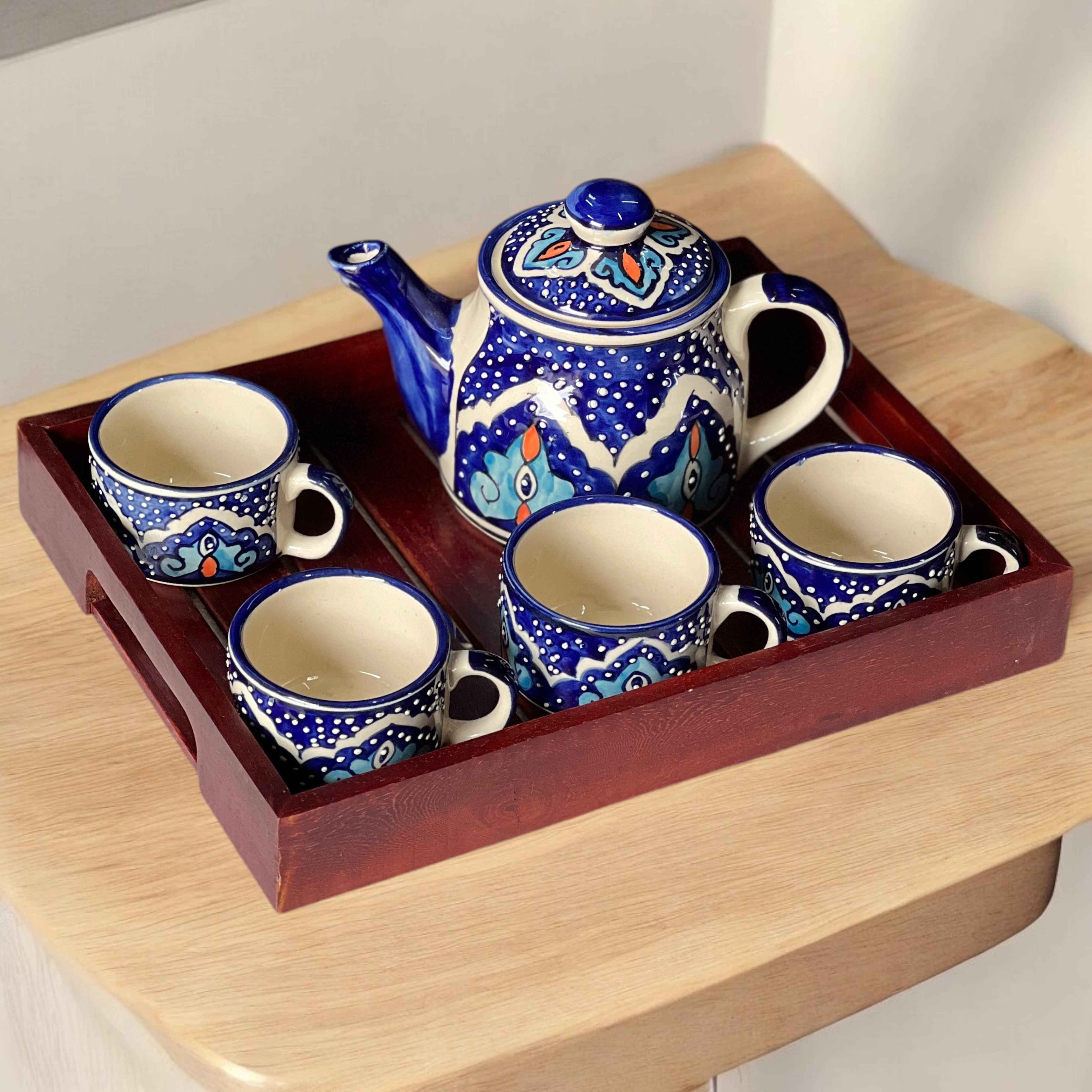 Mystic Open Eye Ceramic Tea Set with Wooden Tray | Hand-Painted Kettle & 4 Cups - Clayful Homes