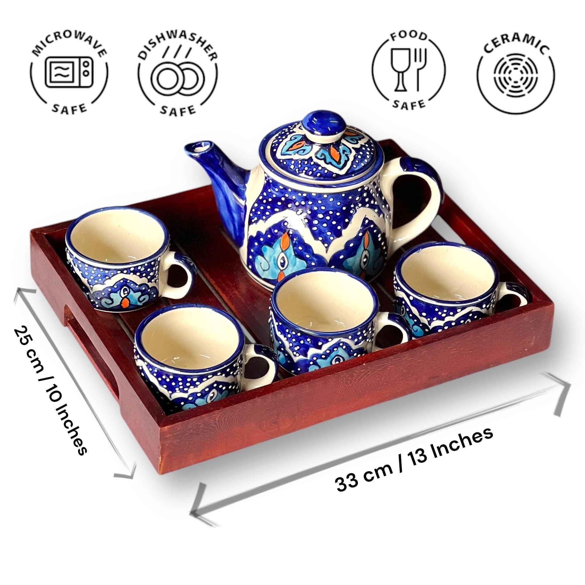 Mystic Open Eye Ceramic Tea Set with Wooden Tray | Hand-Painted Kettle & 4 Cups - Clayful Homes