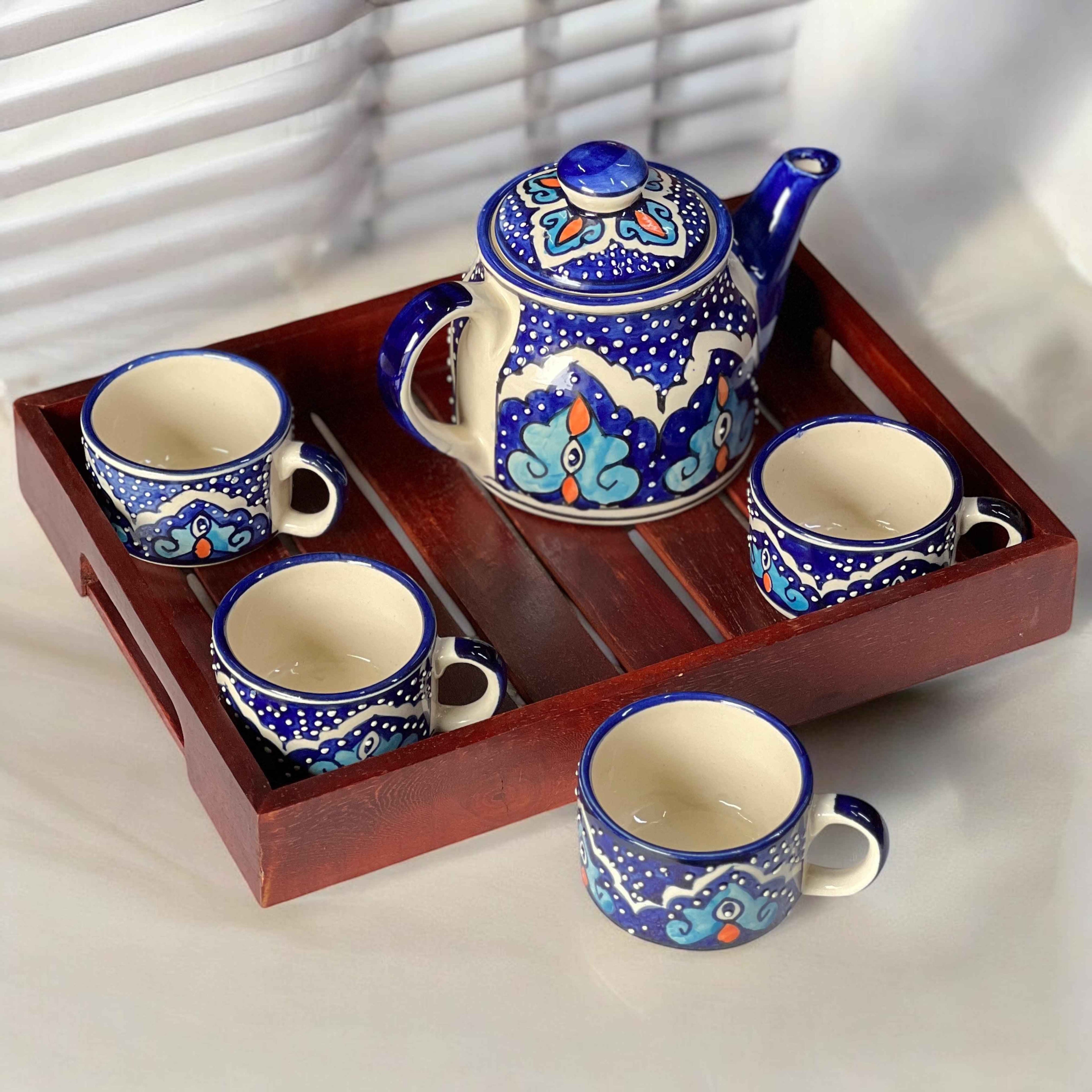 Mystic Open Eye Ceramic Tea Set with Wooden Tray | Hand-Painted Kettle & 4 Cups - Clayful Homes