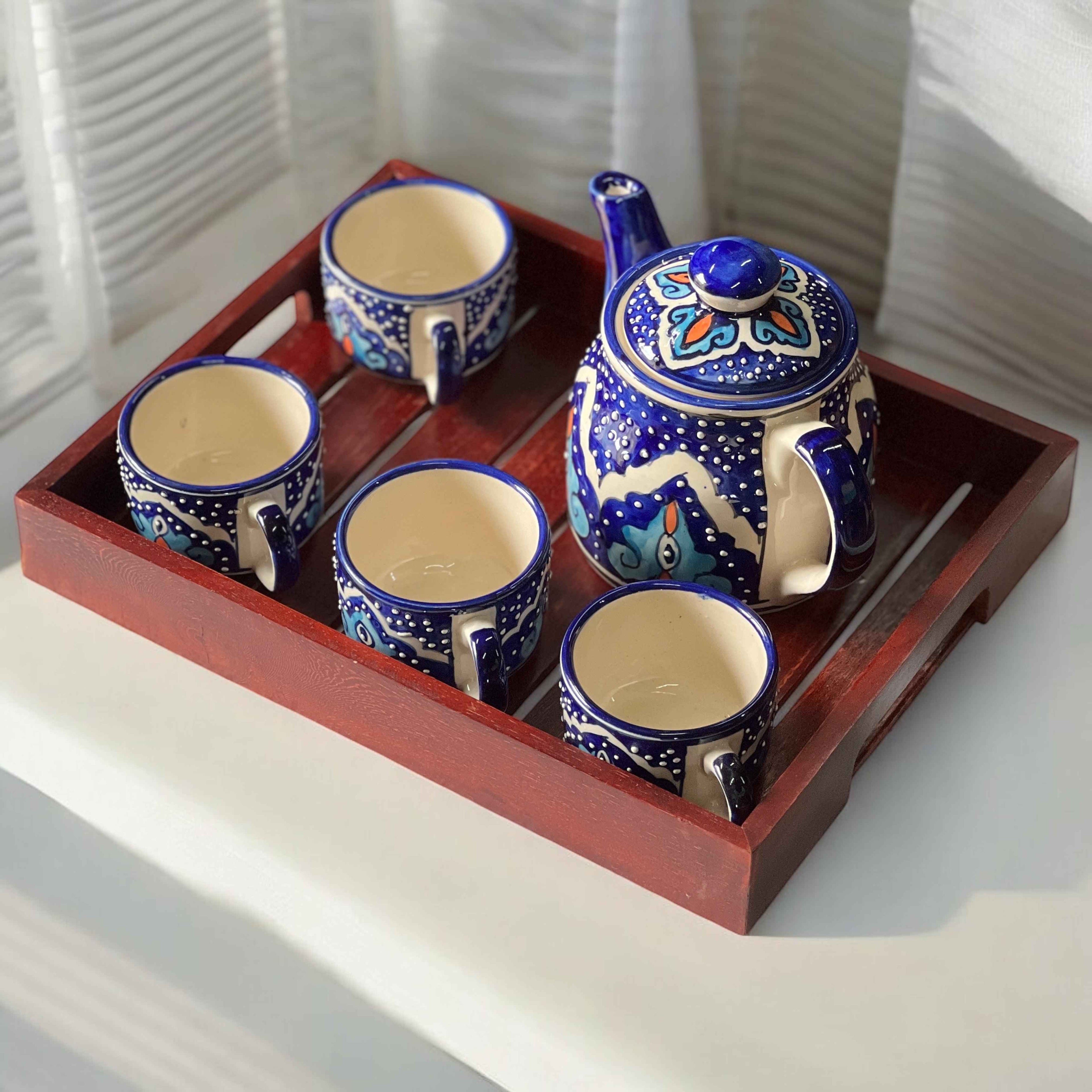 Mystic Open Eye Ceramic Tea Set with Wooden Tray | Hand-Painted Kettle & 4 Cups - Clayful Homes