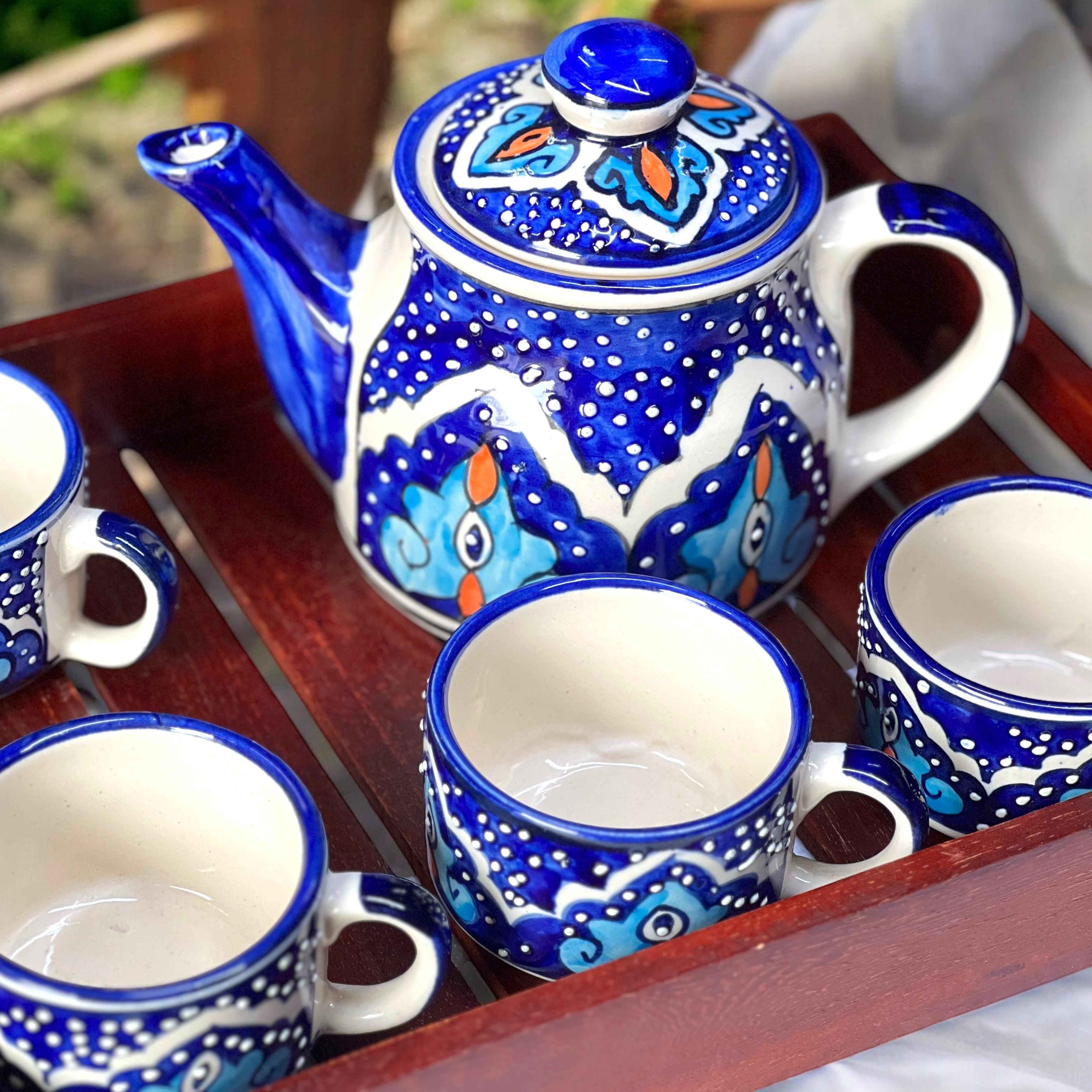 Mystic Open Eye Ceramic Tea Set with Wooden Tray | Hand-Painted Kettle & 4 Cups - Clayful Homes