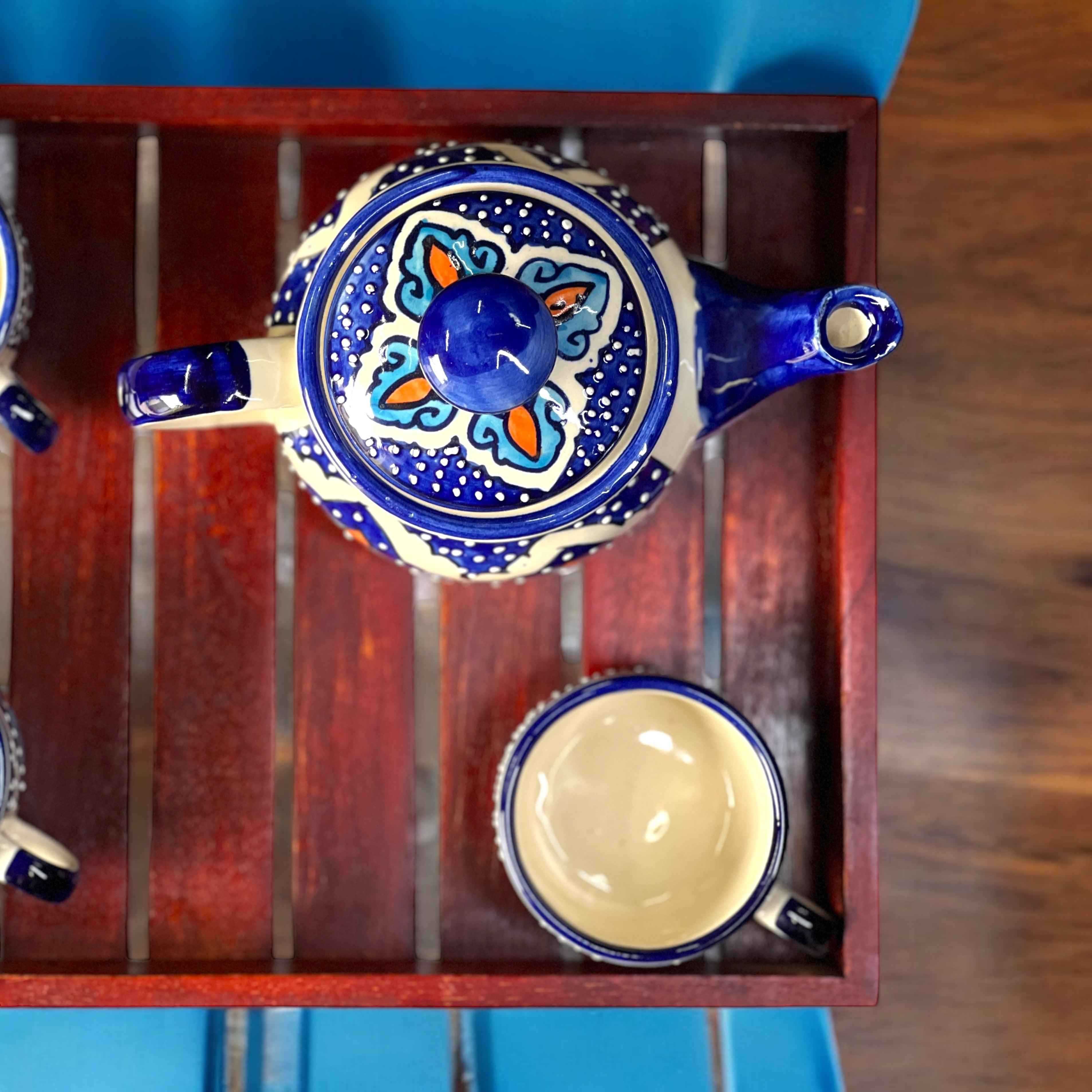 Mystic Open Eye Ceramic Tea Set with Wooden Tray | Hand-Painted Kettle & 4 Cups - Clayful Homes