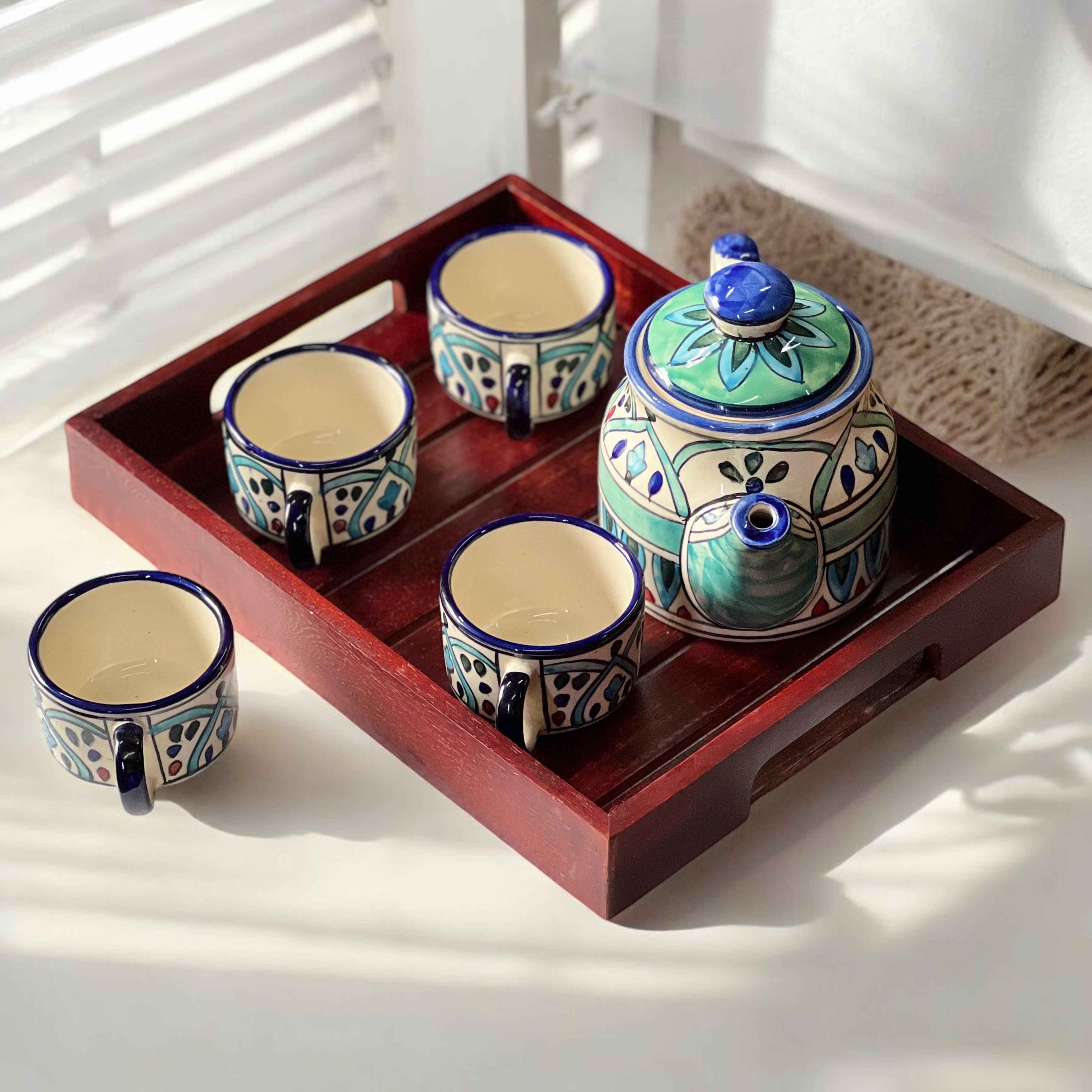 Royal Mehrab Ceramic Tea Set with Wooden Tray | Hand-Painted Kettle & 4 Cups - Clayful Homes