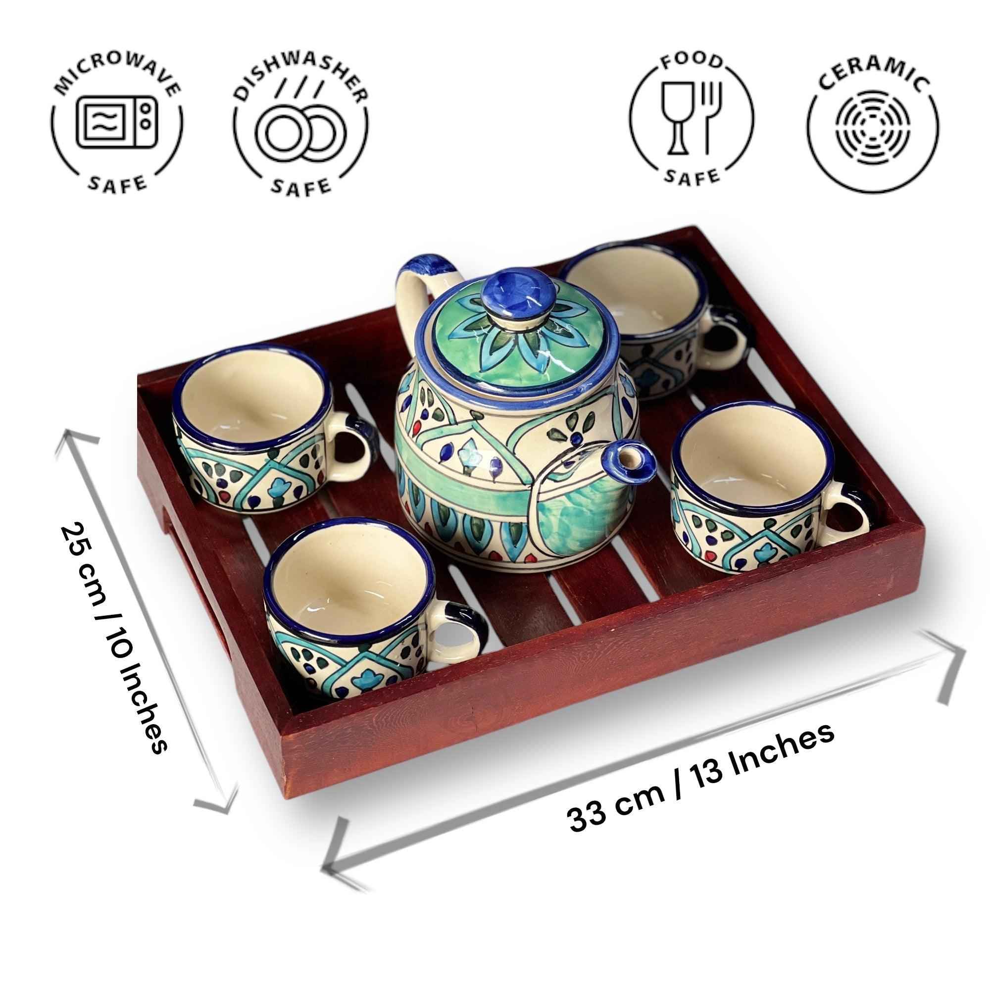 Royal Mehrab Ceramic Tea Set with Wooden Tray | Hand-Painted Kettle & 4 Cups - Clayful Homes