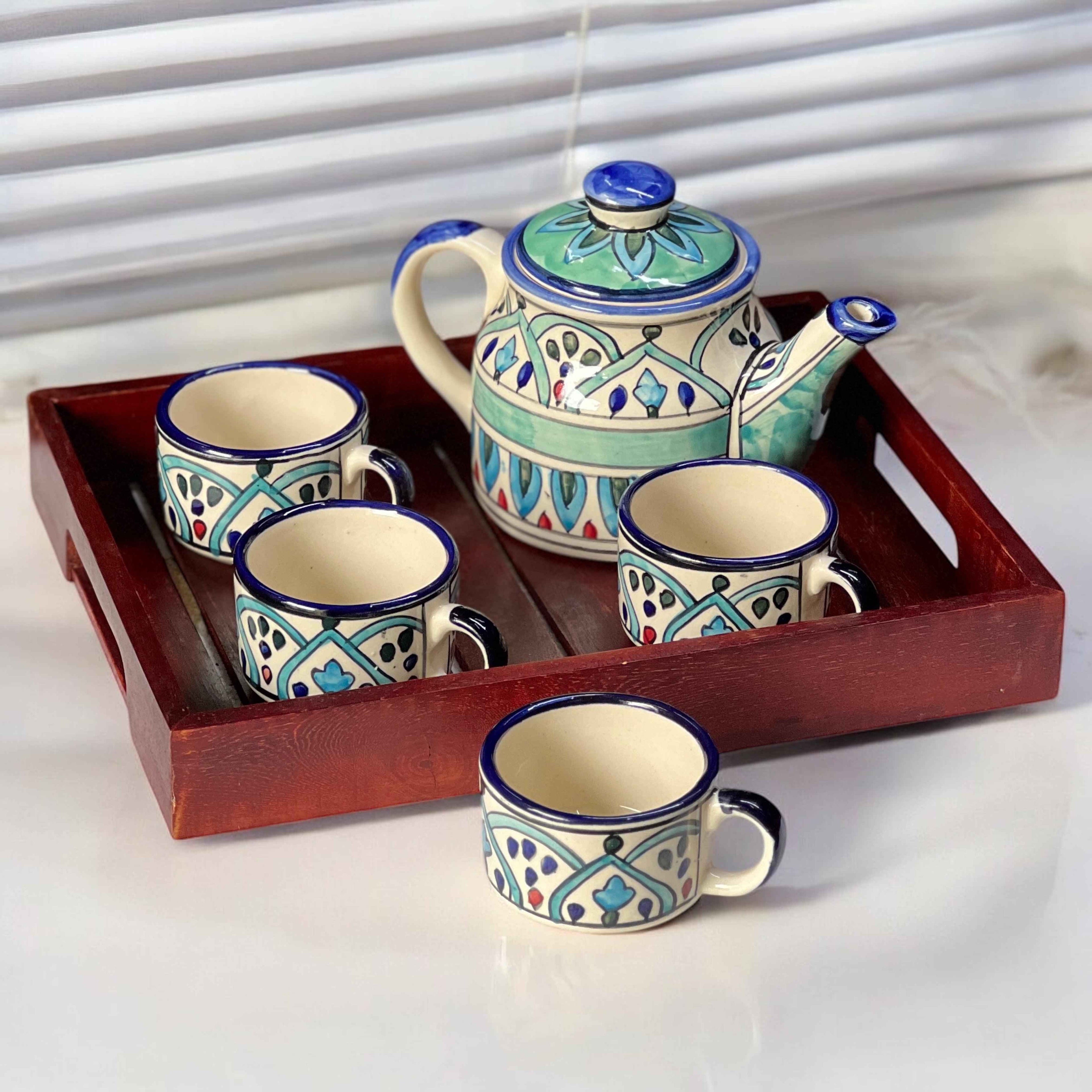 Royal Mehrab Ceramic Tea Set with Wooden Tray | Hand-Painted Kettle & 4 Cups - Clayful Homes